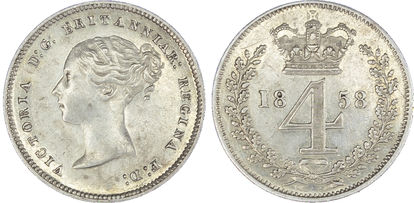 Victoria (1837-1901), Maundy set, 1858, Four, Three, Two and One Pence, young head left, legend and toothed border