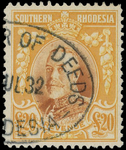 Southern Rhodesia £20 yellow & Brown used