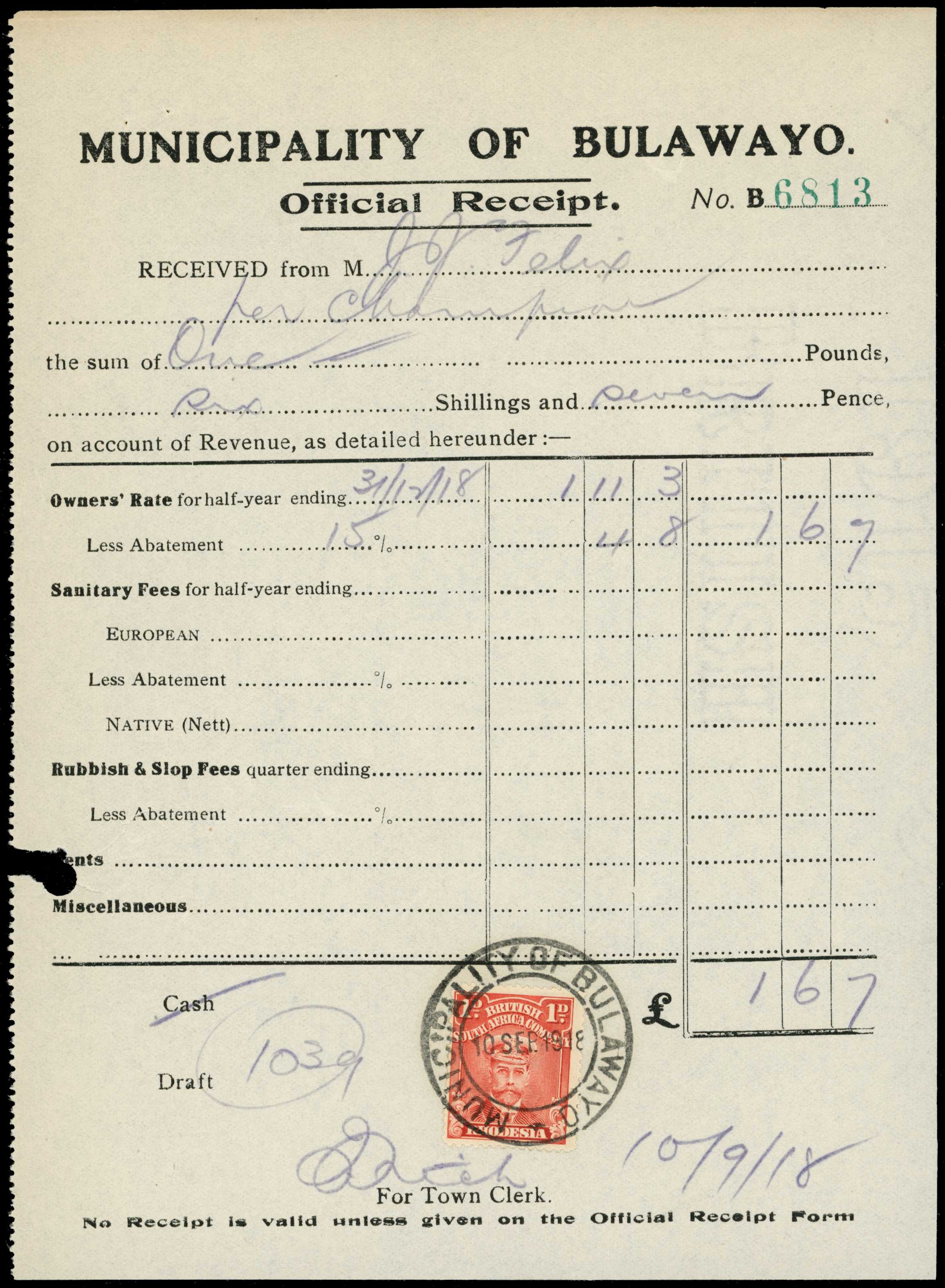 Revenues. 1918 Bulawayo Rates receipt,...