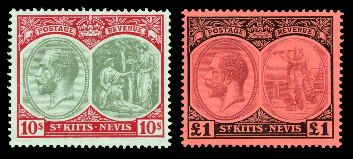 St Kitts Nevis 1920-22 MCA 10s green and red on green and £1 purple and black on red, mint