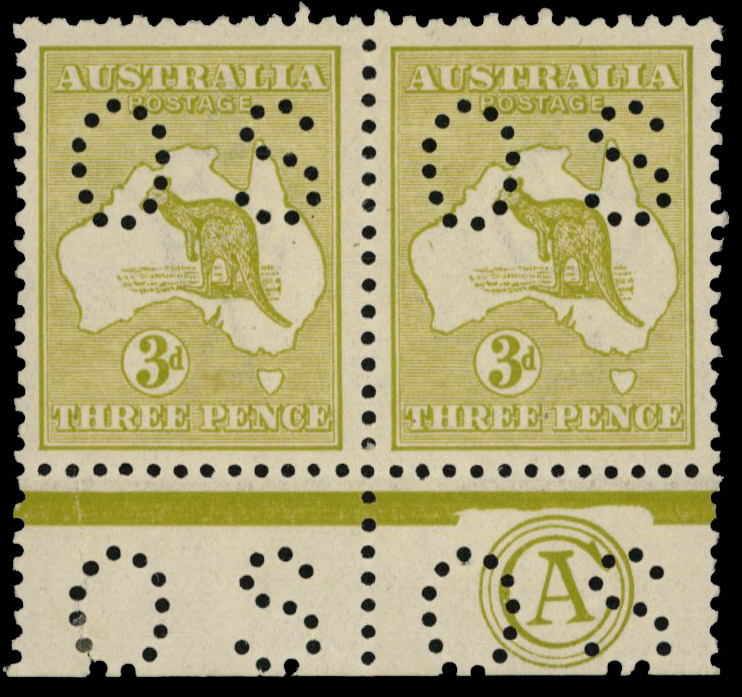 Australia 1915-28 official 3d yellow-olive die II monogram pair