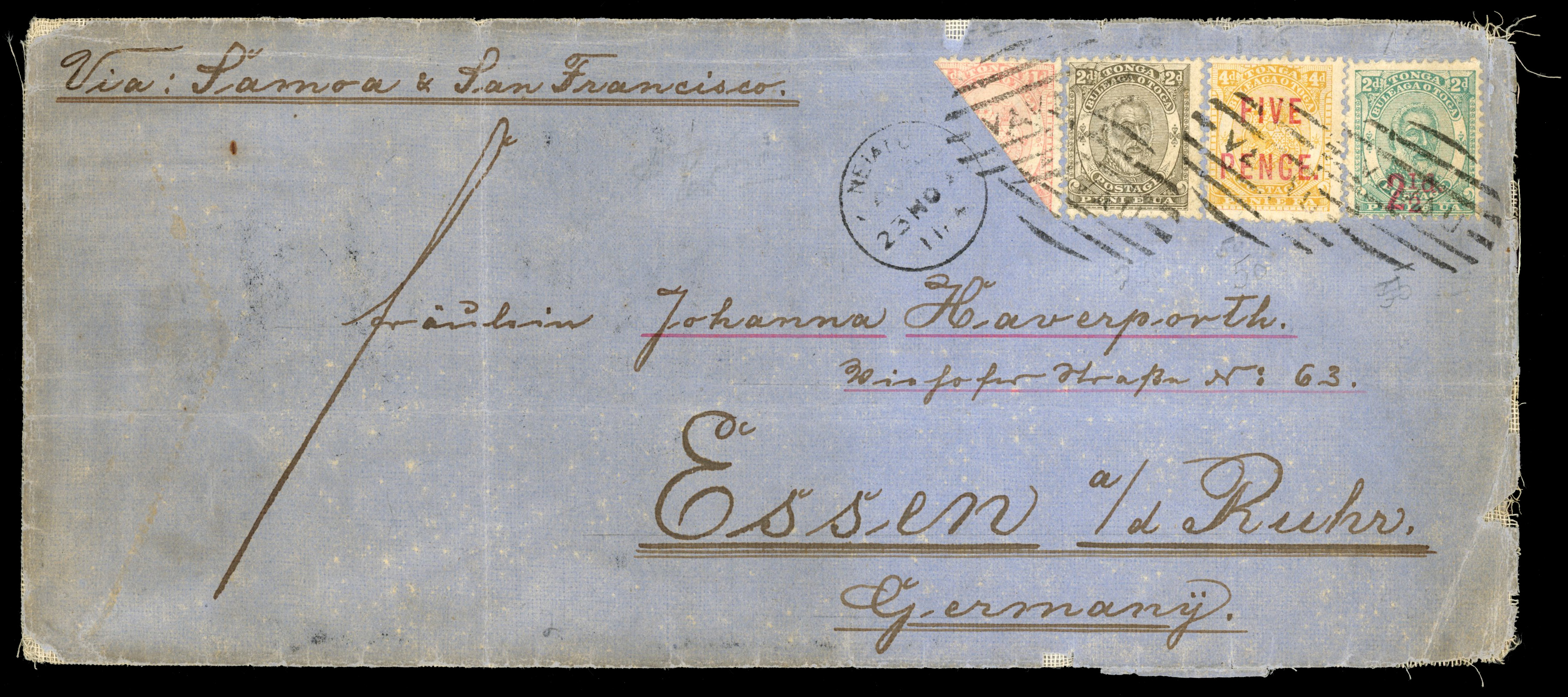 Tonga 1894 cover to Essen with 1d bisect