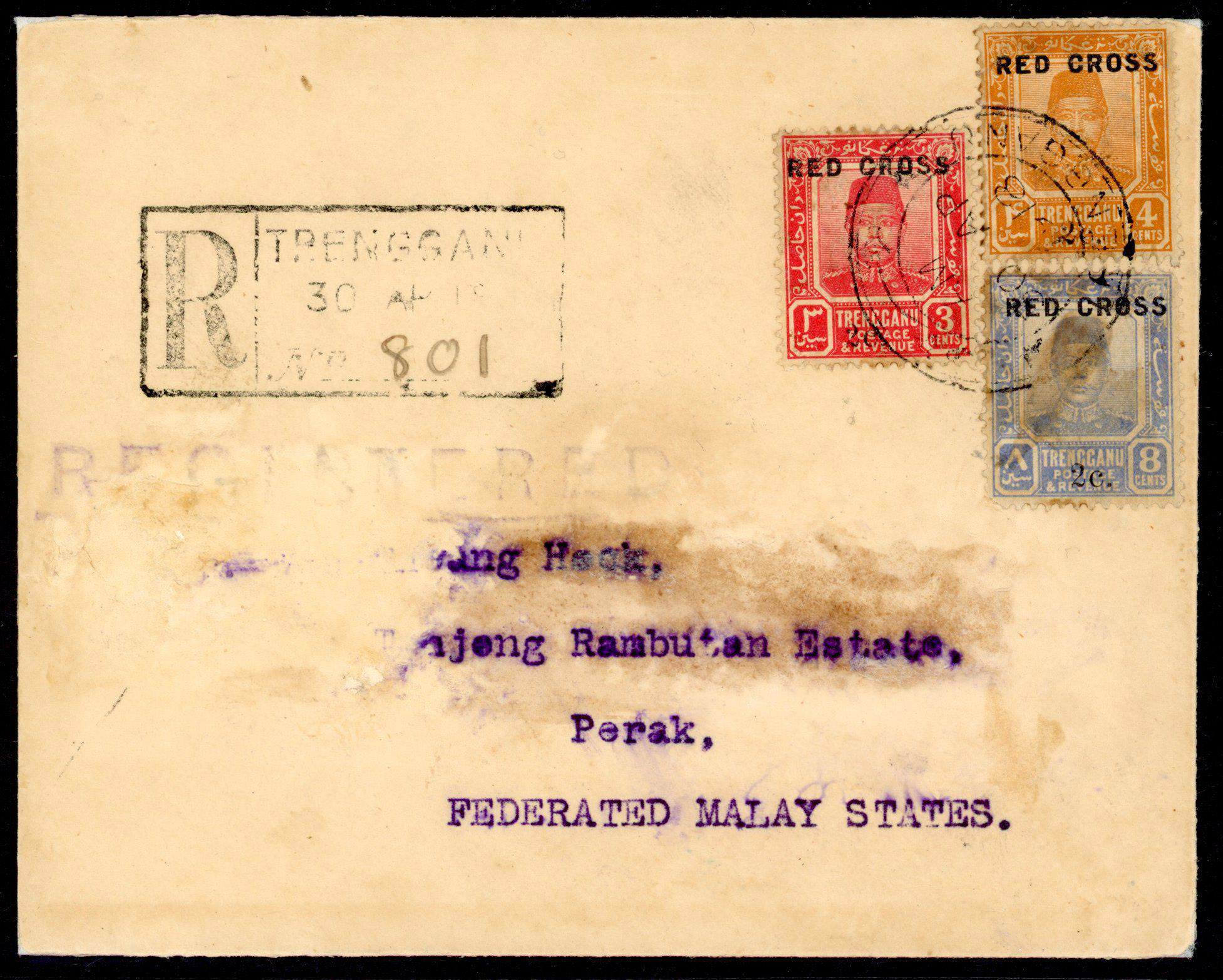 TRENGGANU: 1918 registered cover to Perak franked 3c+2c, 4c+2c and 8c+2c tied Trengganu d/r cds