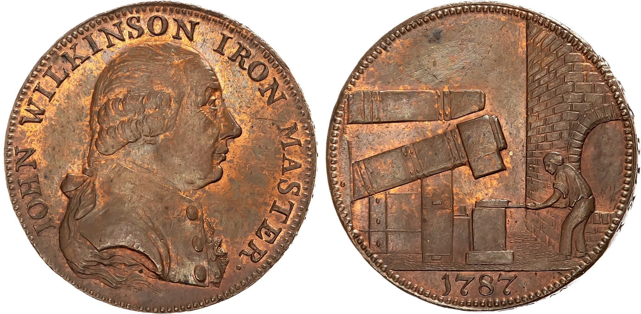 Warks . West Midlands , John Wilkinson Halfpenny 1787, bust of Wilkinson right, rev. man at a drop hammer, edge WILLEY S …