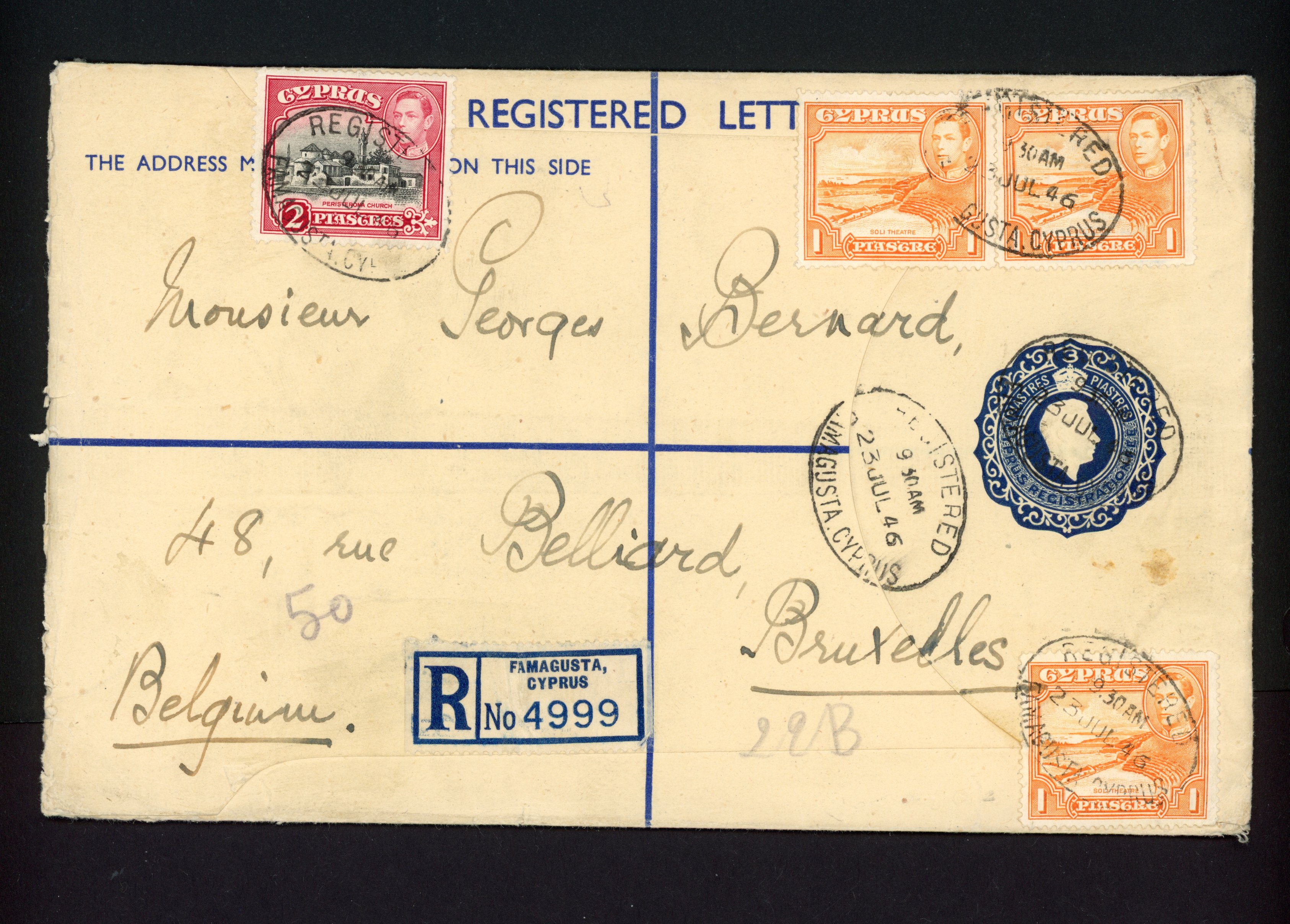 Cyprus 1946 3p blue registration cover (size H) to Brussels, Belgium uprated