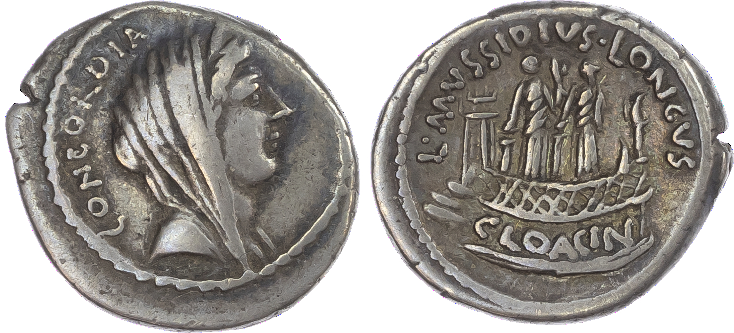 L. Mussidius Longus (42 BC) AR Denarius, Rome, 4.04g. CONCORDIA, diademed and veiled head of Concordia facing right. Rev.