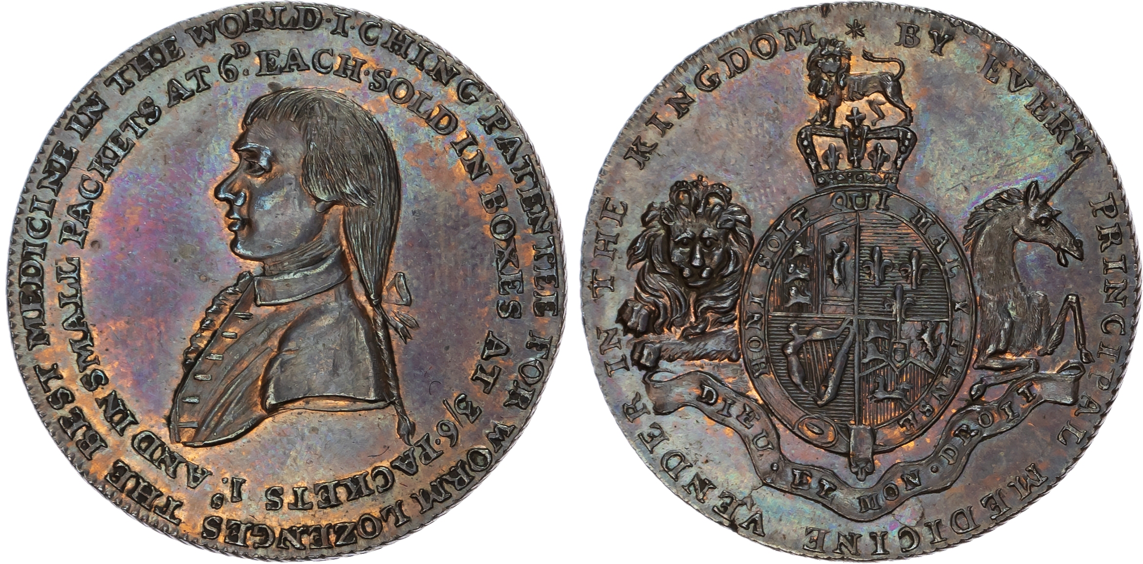 London, Cheapside , John Ching (medicine seller) Halfpenny undated, his bust left with double legend re, wormi…