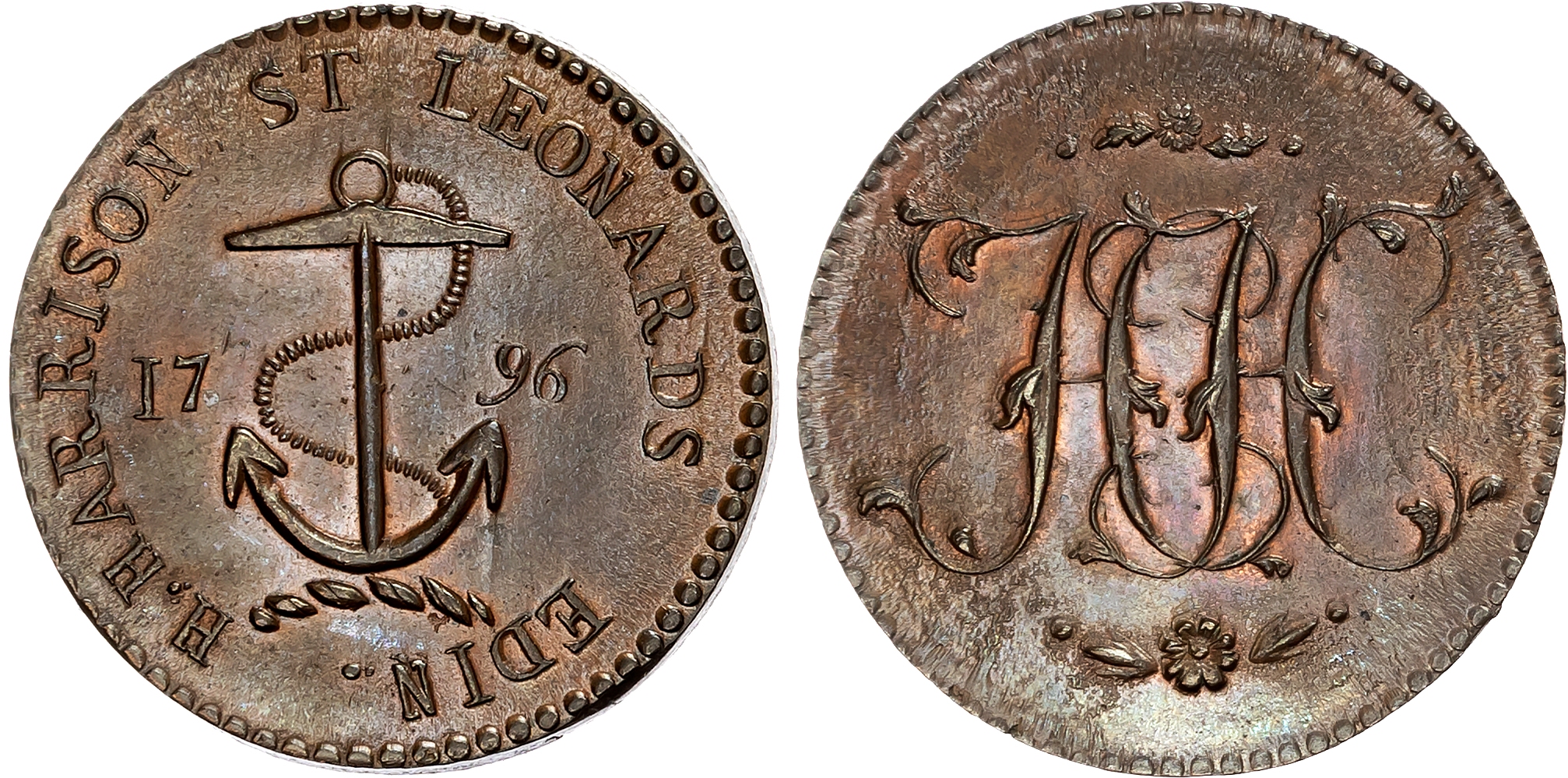 Loth. Edinburgh , Henry Harrison (buckle and nail maker) Halfpenny 1796, HH cypher, rev. anchor, edge plain, 29mm/8.92gm …