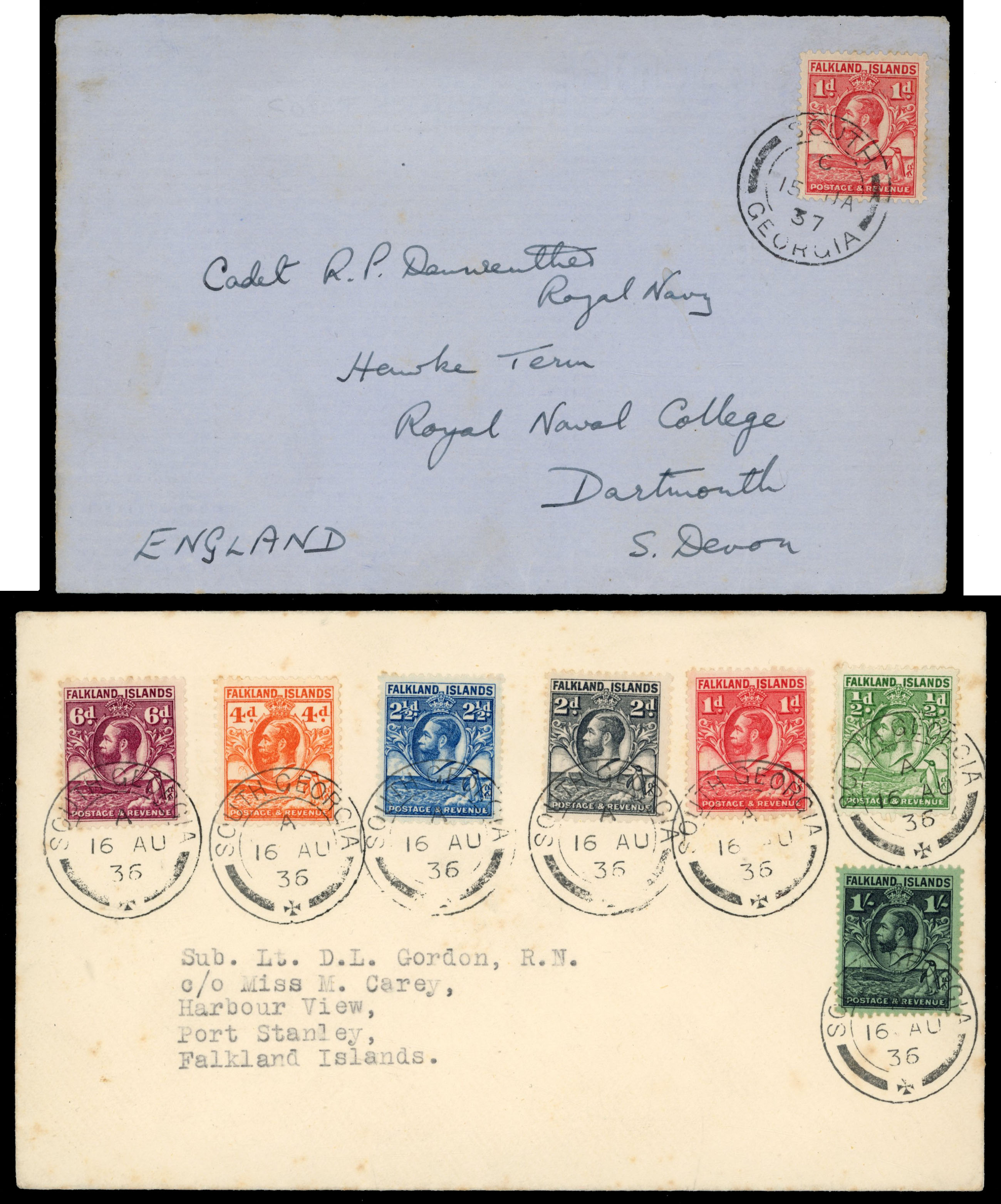 † FID 1932-7 four South Georgia covers with 'Whale and Penguin' frankings