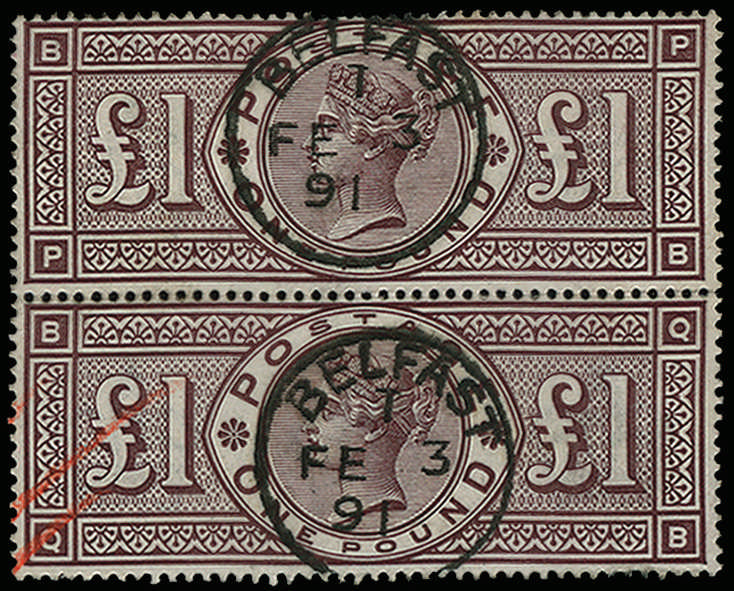 SG185 1884 £1 Brown Lilac (Wmk Crowns). VFU vertical pair