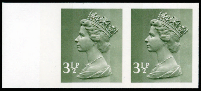 GB 1971 3½p Olive-grey (2 bands). Superb unmounted o.g left hand marginal horizontal pair of imperforat… SGX858var