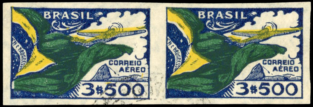 Brazil Airmail 1933 3$500 Flag and Airplane imperf pair used