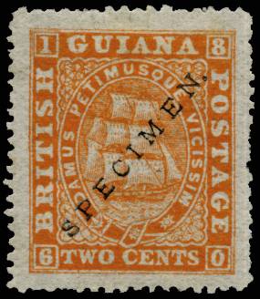 BR GUIANA SG 108 1875-6 P15 2c orange SPECIMEN BG1 lpog
