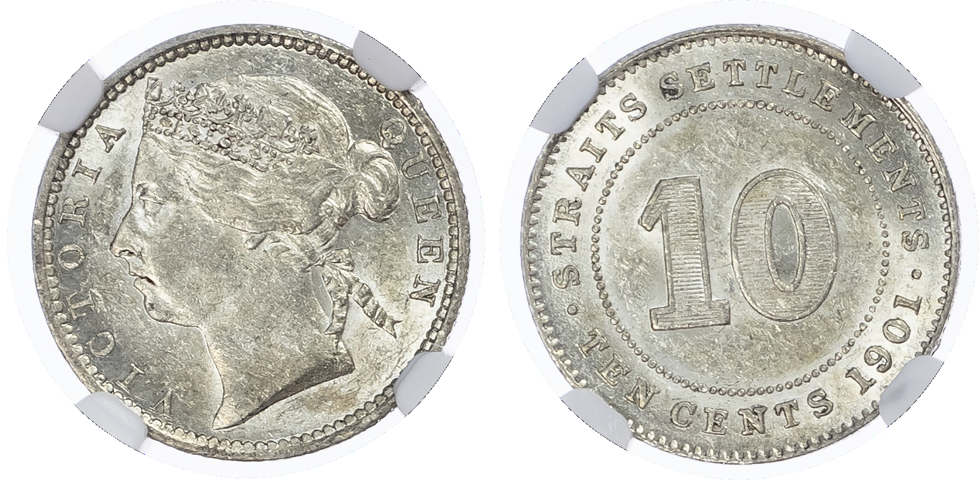 Straits Settlements, British Malaysia. Victoria AR 10 Cents. 1901. 