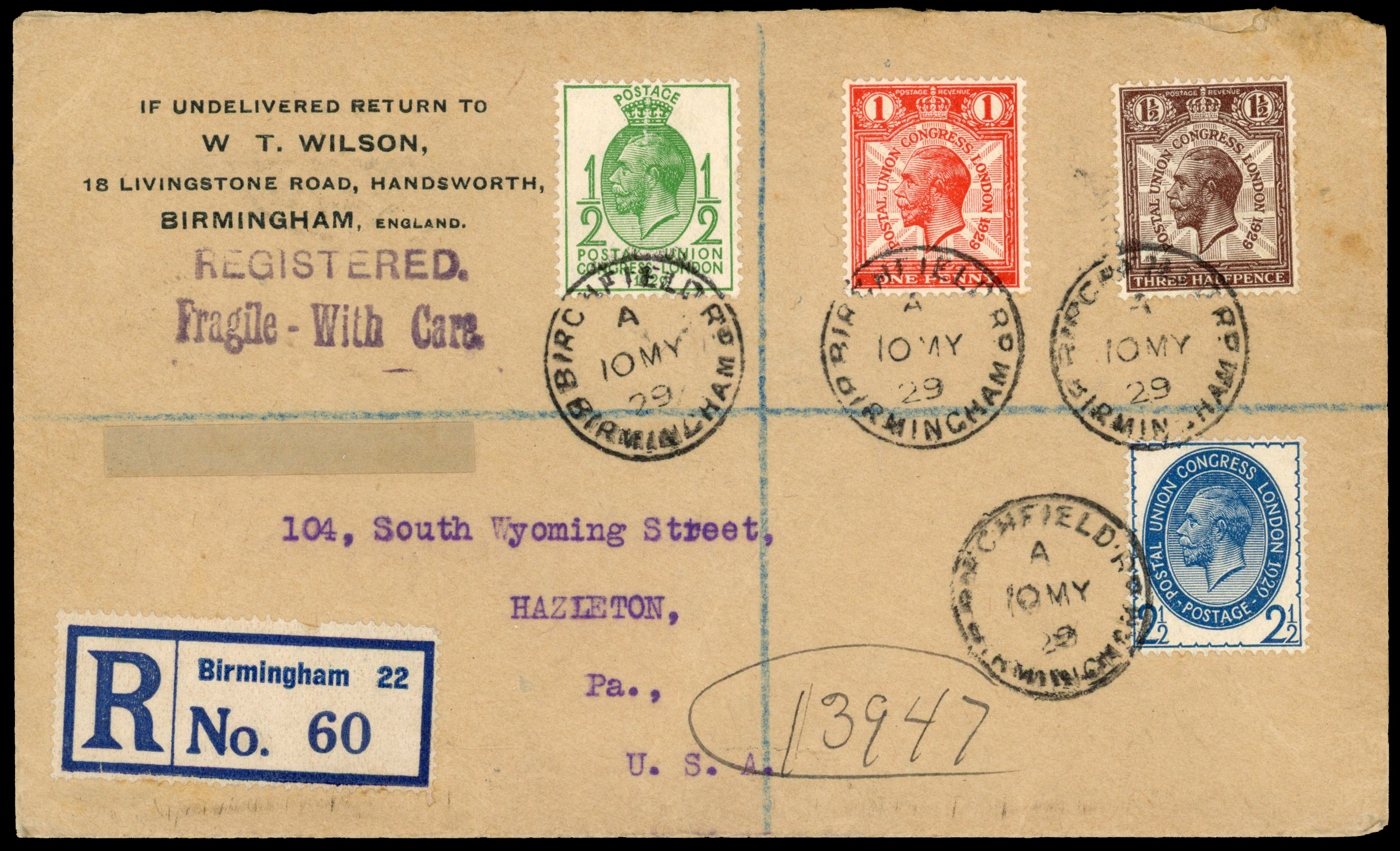 1929 ½d-2½d Postal Union Congress. Very fine W.T. Wilson FDC addressed Hazleton, Pennsylvania
