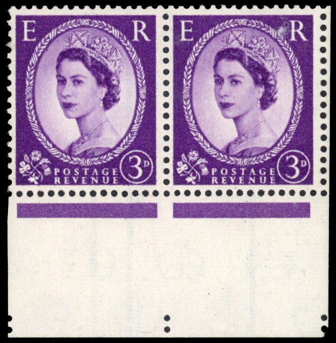 GB: 1958-61 Graphite-line, Multiple Crowns, 3d deep lilac, mint marginal horizontal pair, variety ‘TWO LINES AT AND ONE LINE’