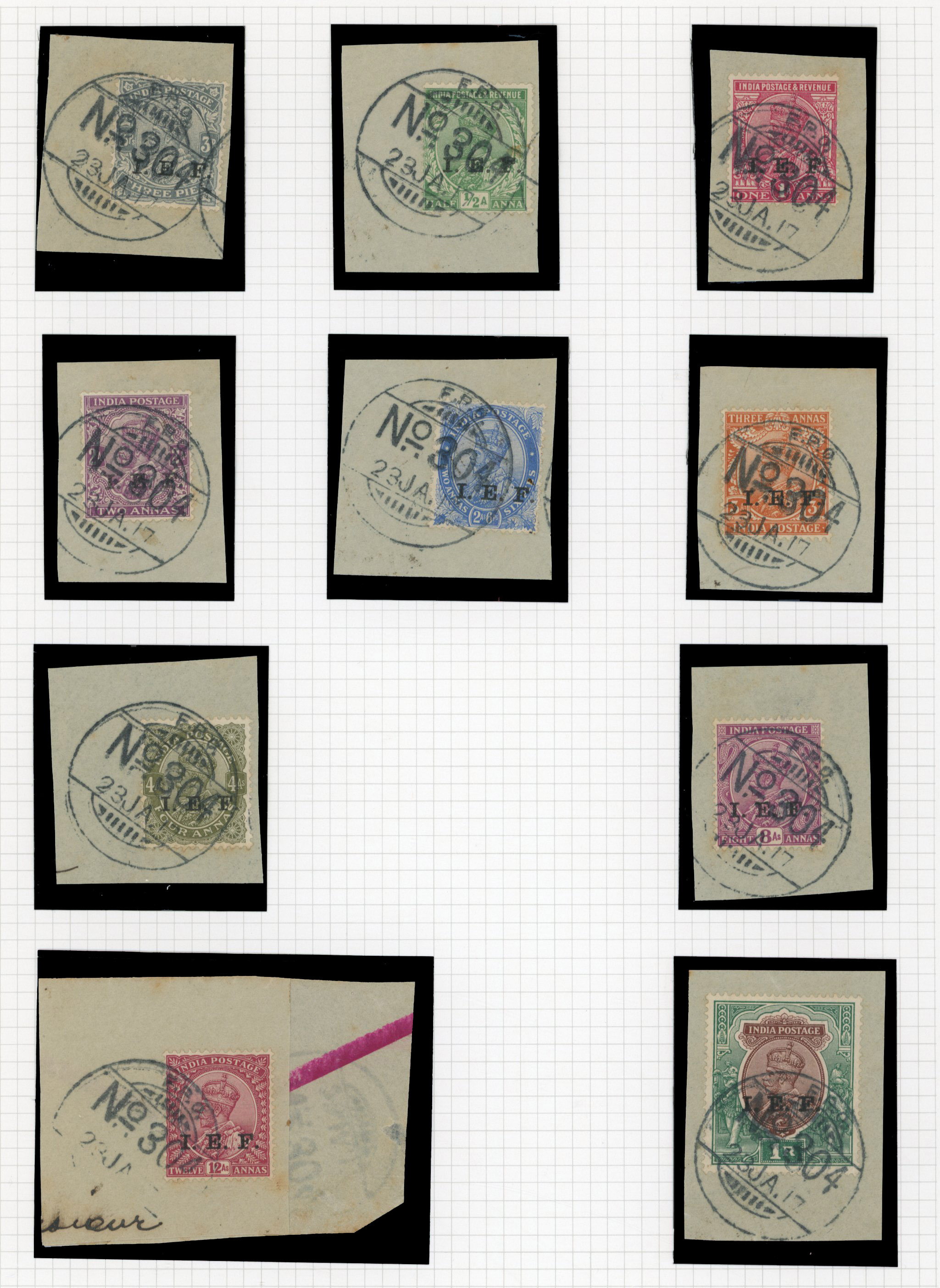 1914 Stamps of India overprinted ‘I.E.F.’ 3p to 1r set of ten, all on  small individual pieces 