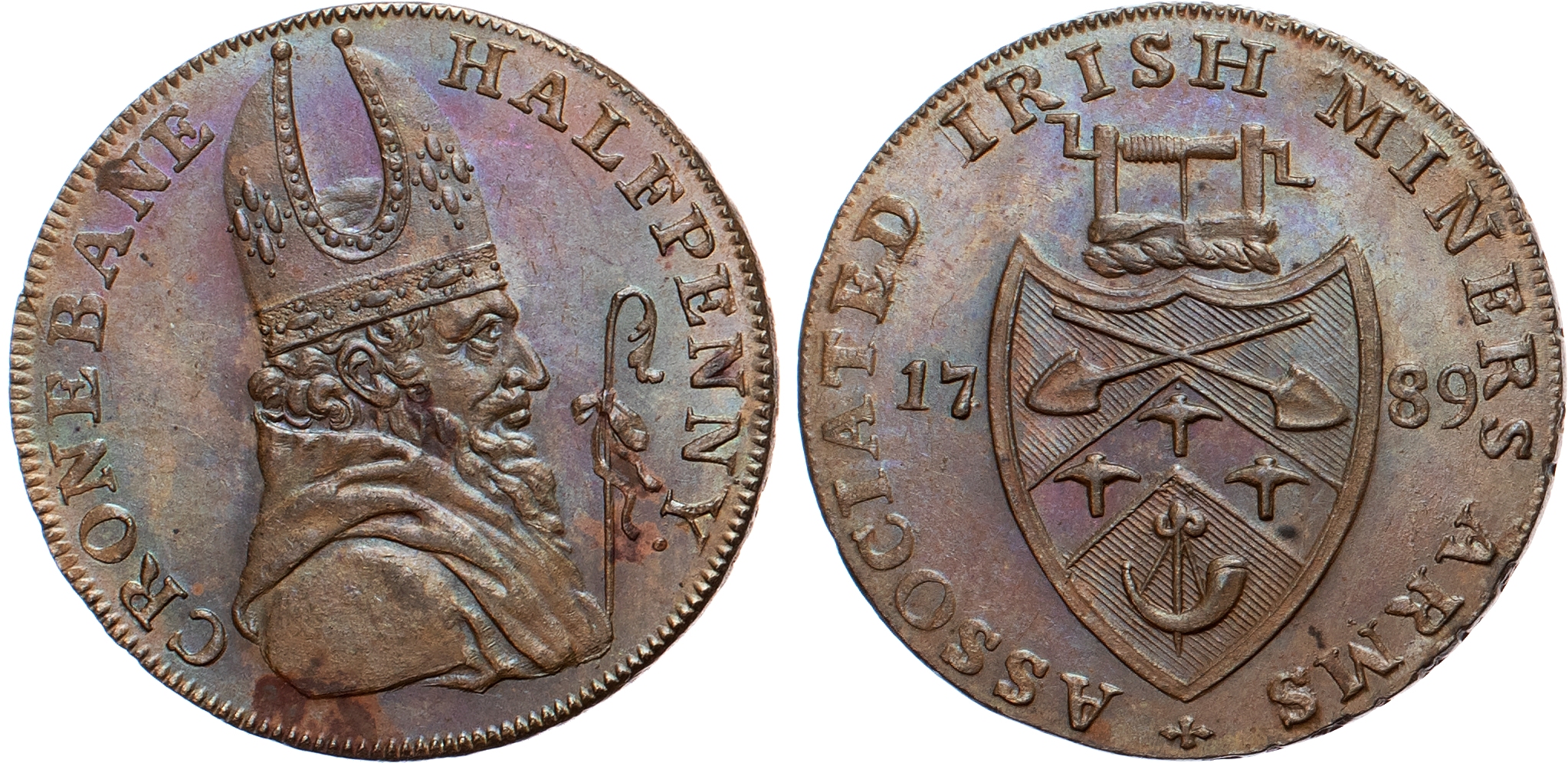 Co. Wick.  Cronebane , Associated Irish Mining Co. Halfpenny 1789, Mitred bust of St. Patrick right, rev . Miners’ Arms, …