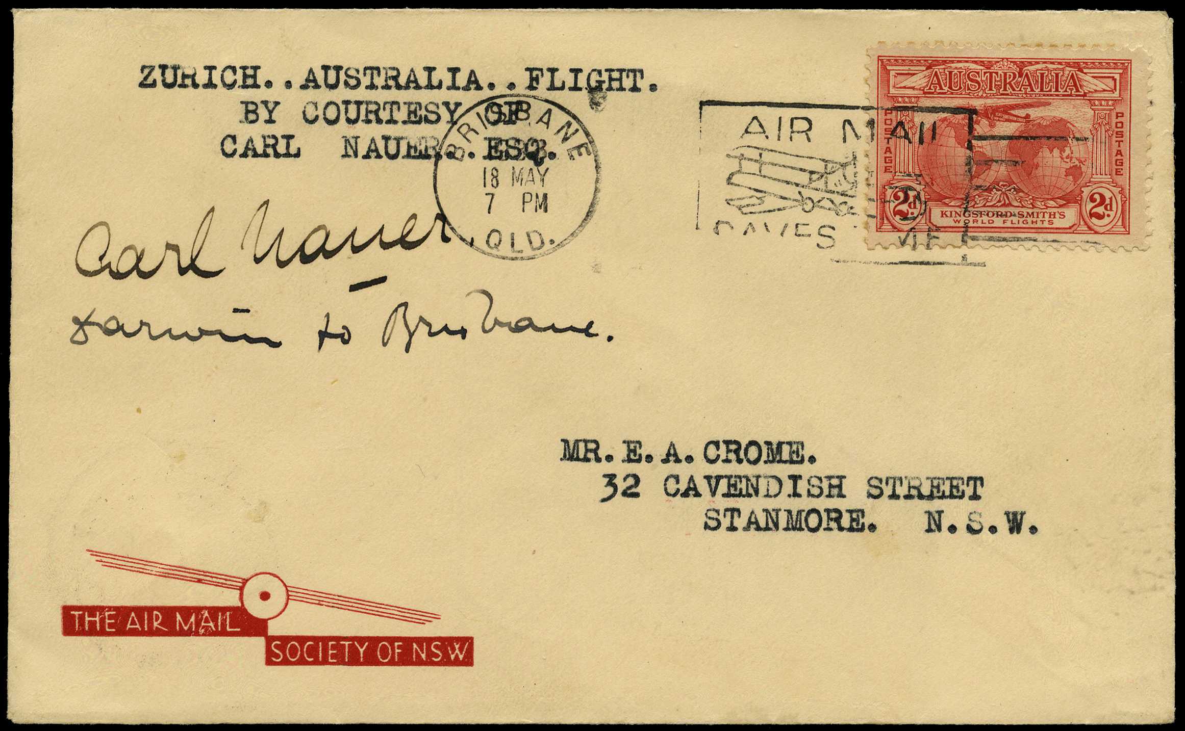 AUSTRALIAN FLIGHT COVERS: 1933 Zurich...