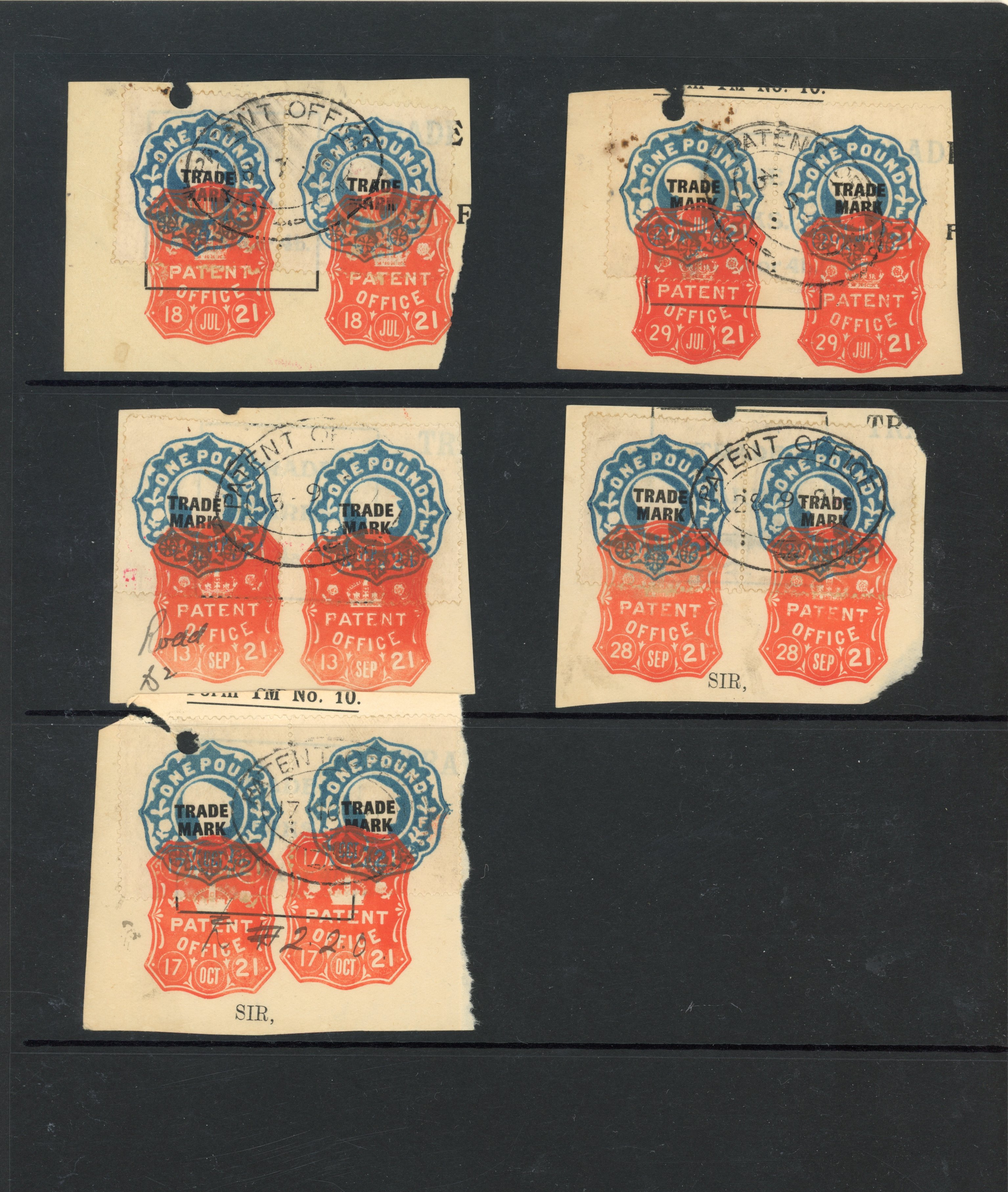 GB TRADE MARK: 1907 £1 ultramarine, embossed Patent issue of 1904 (c.) overprinted , five horizontal pairs on small pieces