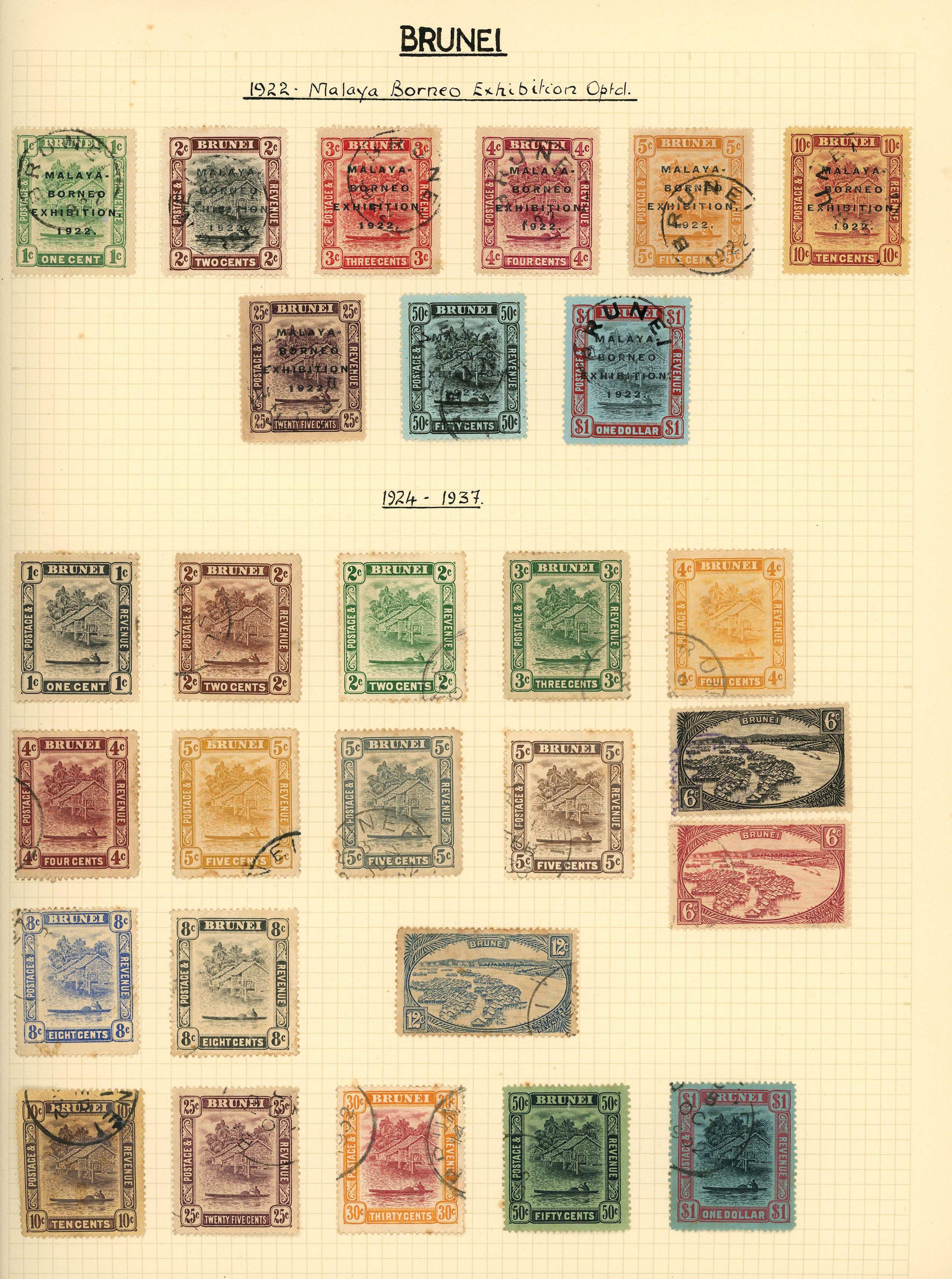 1922-52 used collection (63) on leaves with the Malaya-Borneo set used (10c colour run, other values fine), then...
