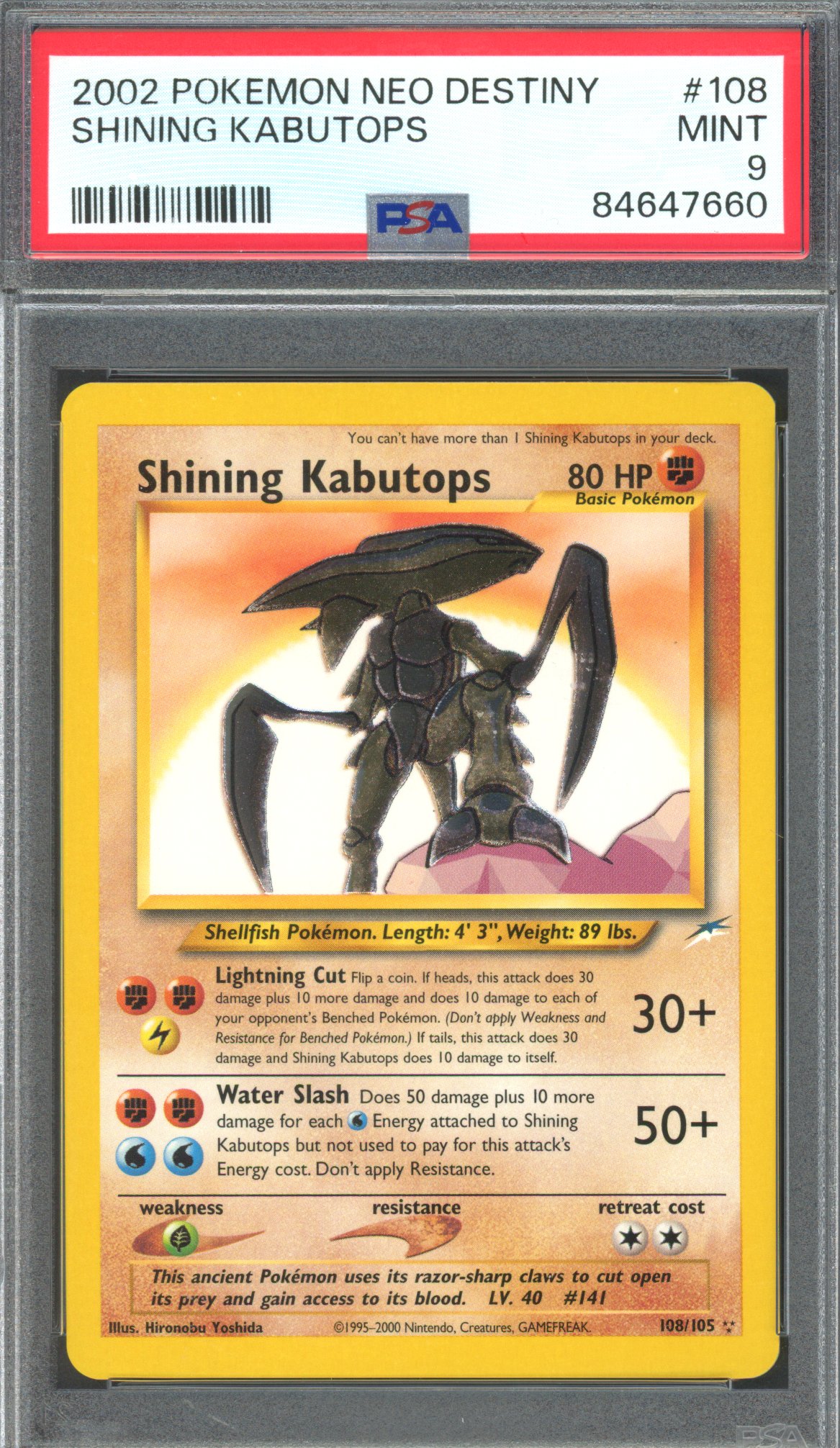 Pokémon TCG - PSA 9 Shining Kabutops #108 - Neo Destiny - Unlimited