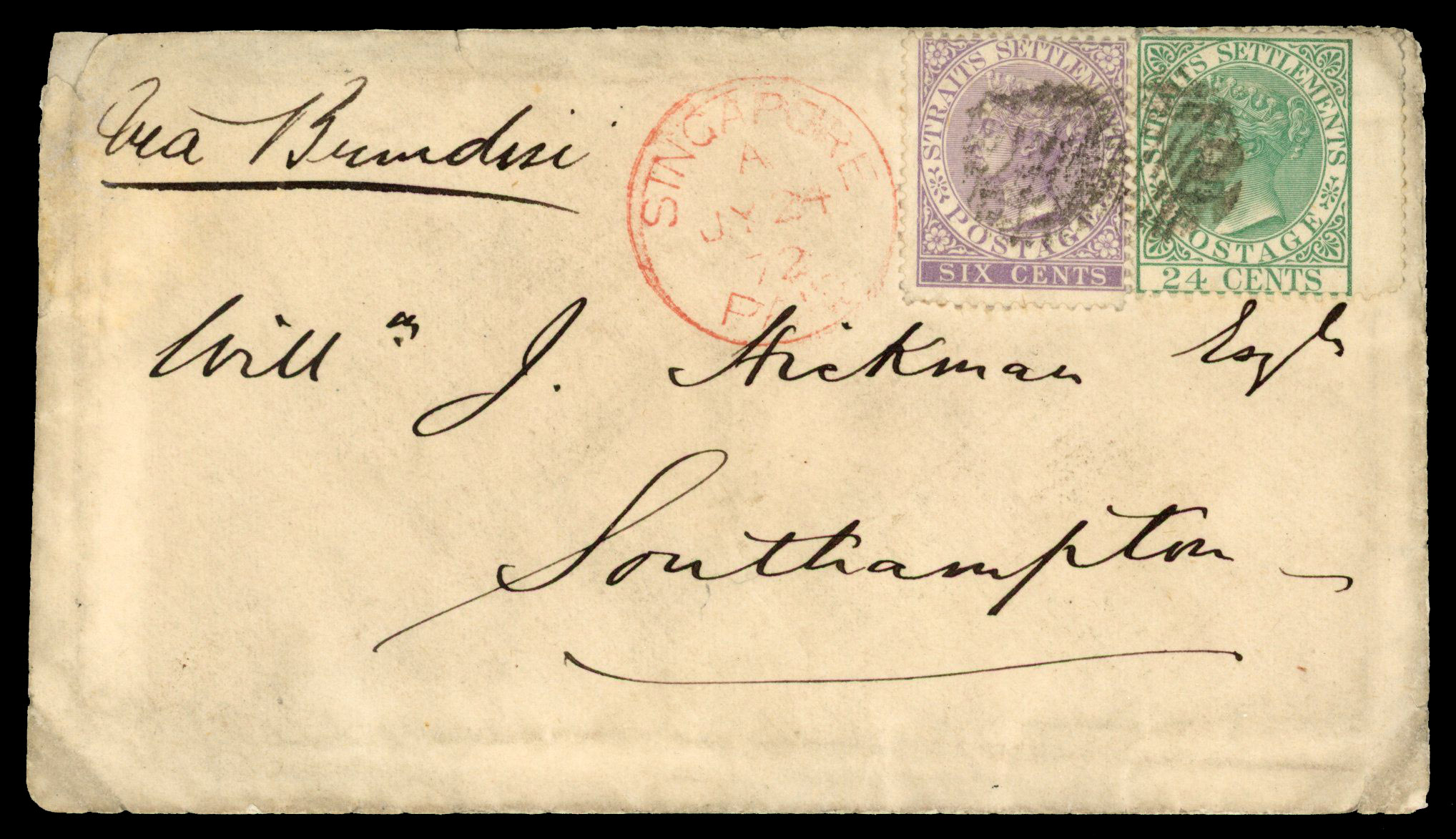 POSTAL HISTORY: 1872 small cover to England bearing 6c lilac and 24c cancelled by indistinct obliterators