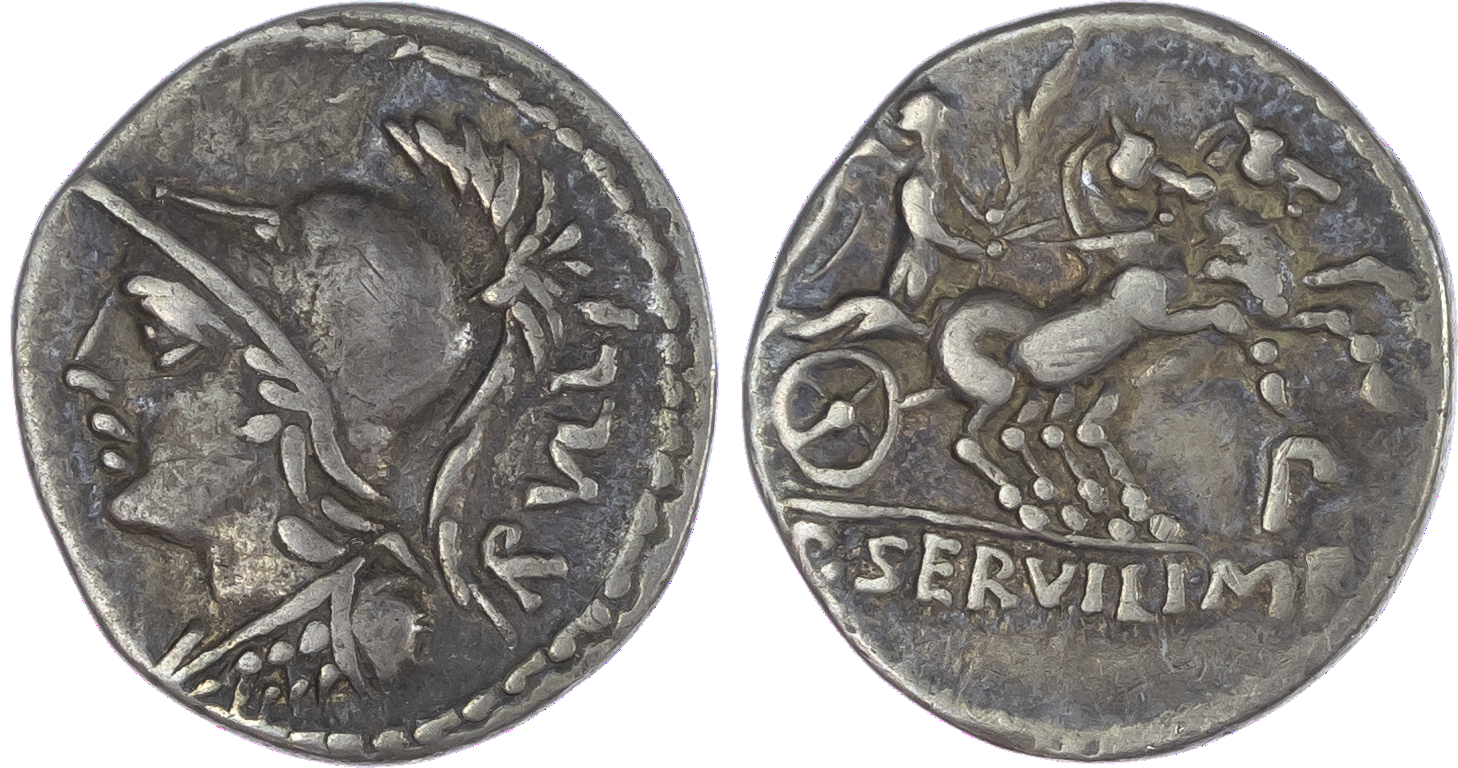 P. Servilius M. f. Rullus (100 BC) AR Denarius, Rome, 3.86g. RVLLI, helmeted and cuirassed bust of Minerva facing left. Rev.
