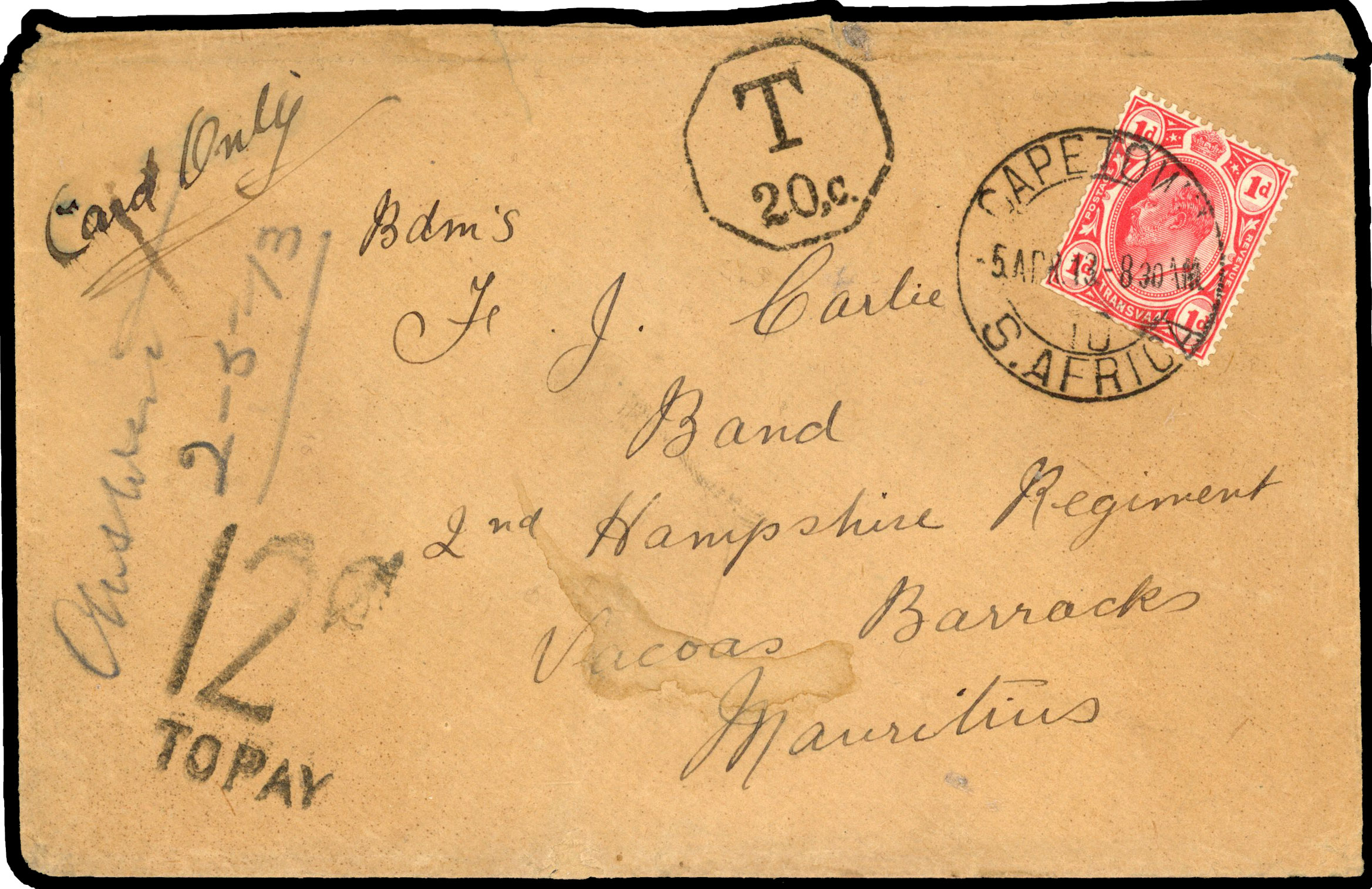 1913 incoming cover from Cape Town franked 1d with ‘T/20c’ handstamp alongside and ‘12c/TO PAY’ applied on arrival