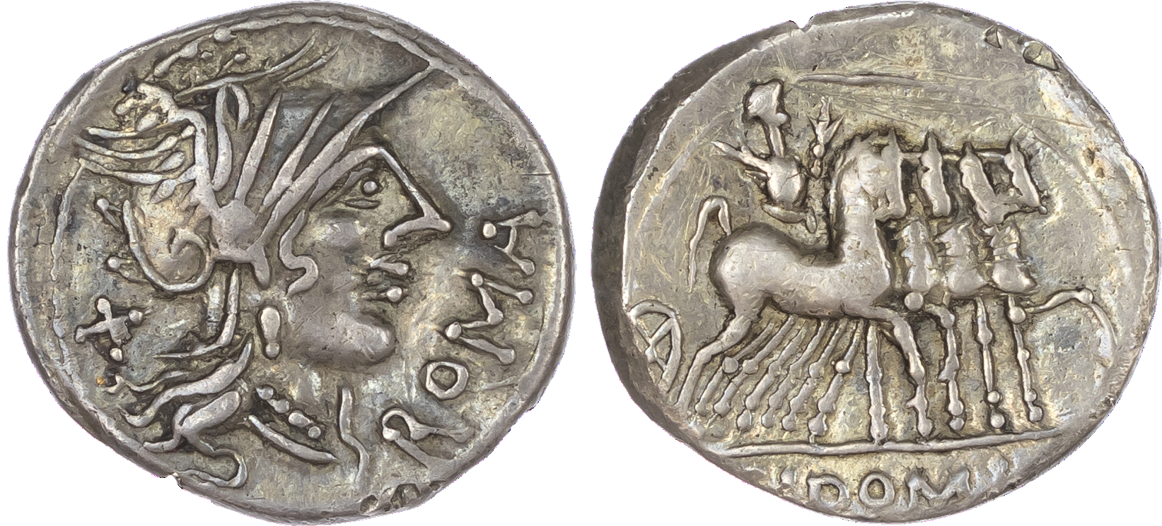 Cn. Domitius Ahenobarbus (116-115 BC) AR Denarius, Rome, 3.87g. ROMA, helmeted head of Roma facing right, mark of value