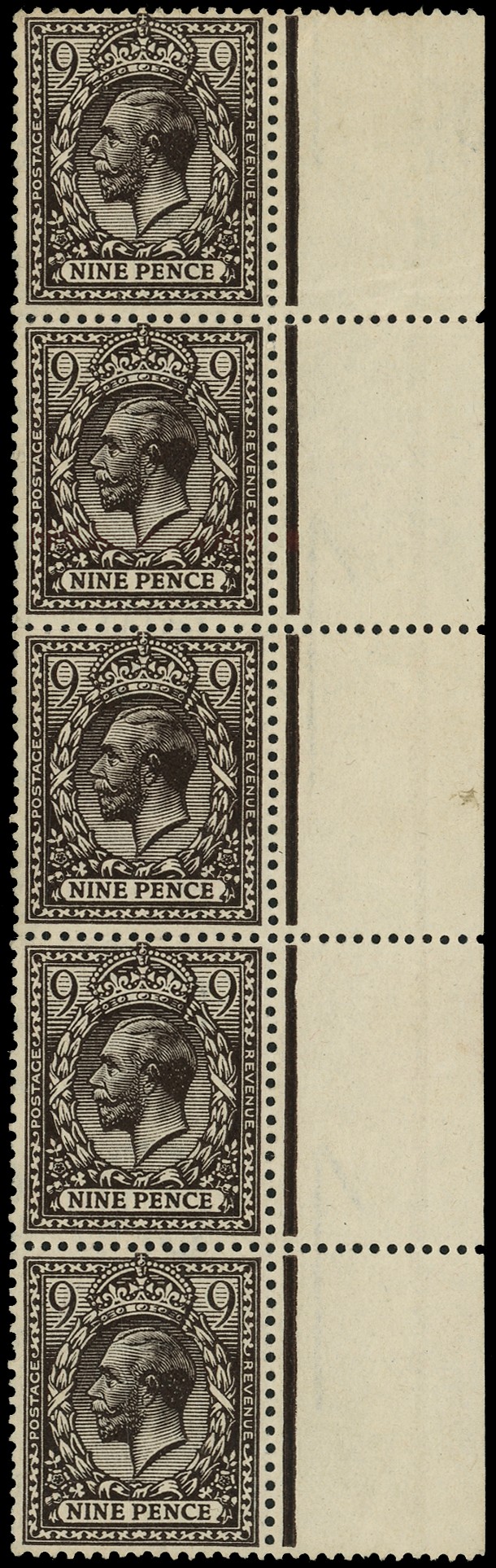 1912-24 9d agate, vertical strip of five with intact selvage at right, showing complete POSTAGE WATERMARK