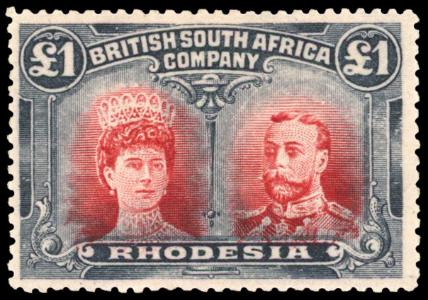 Rhodesia 1910-13 £1 deep rose-red and bluish grey-black perf 14
