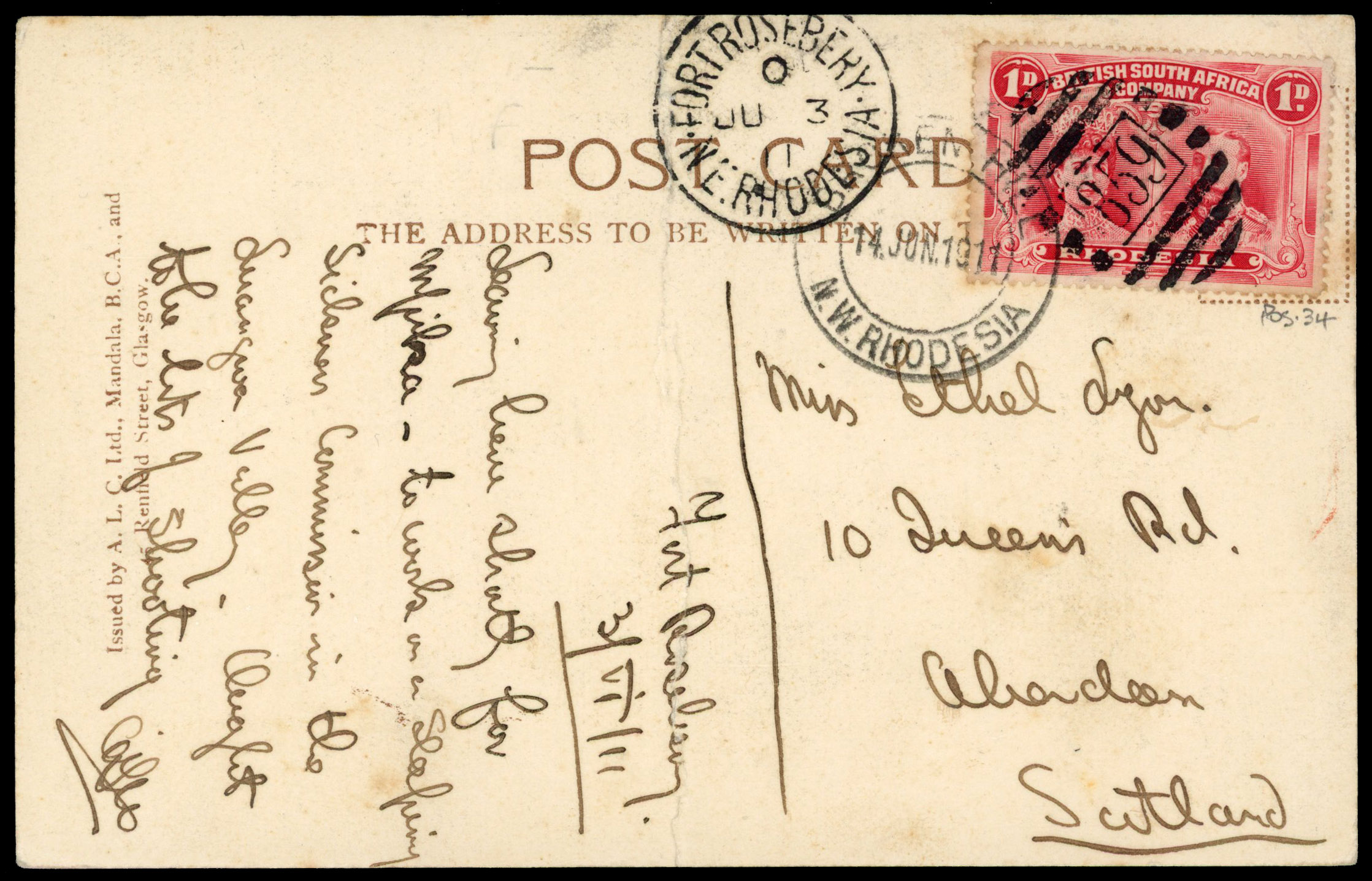 1d carmine-lake SG 124 on ppc, Fort Rosebery 'O' code SC