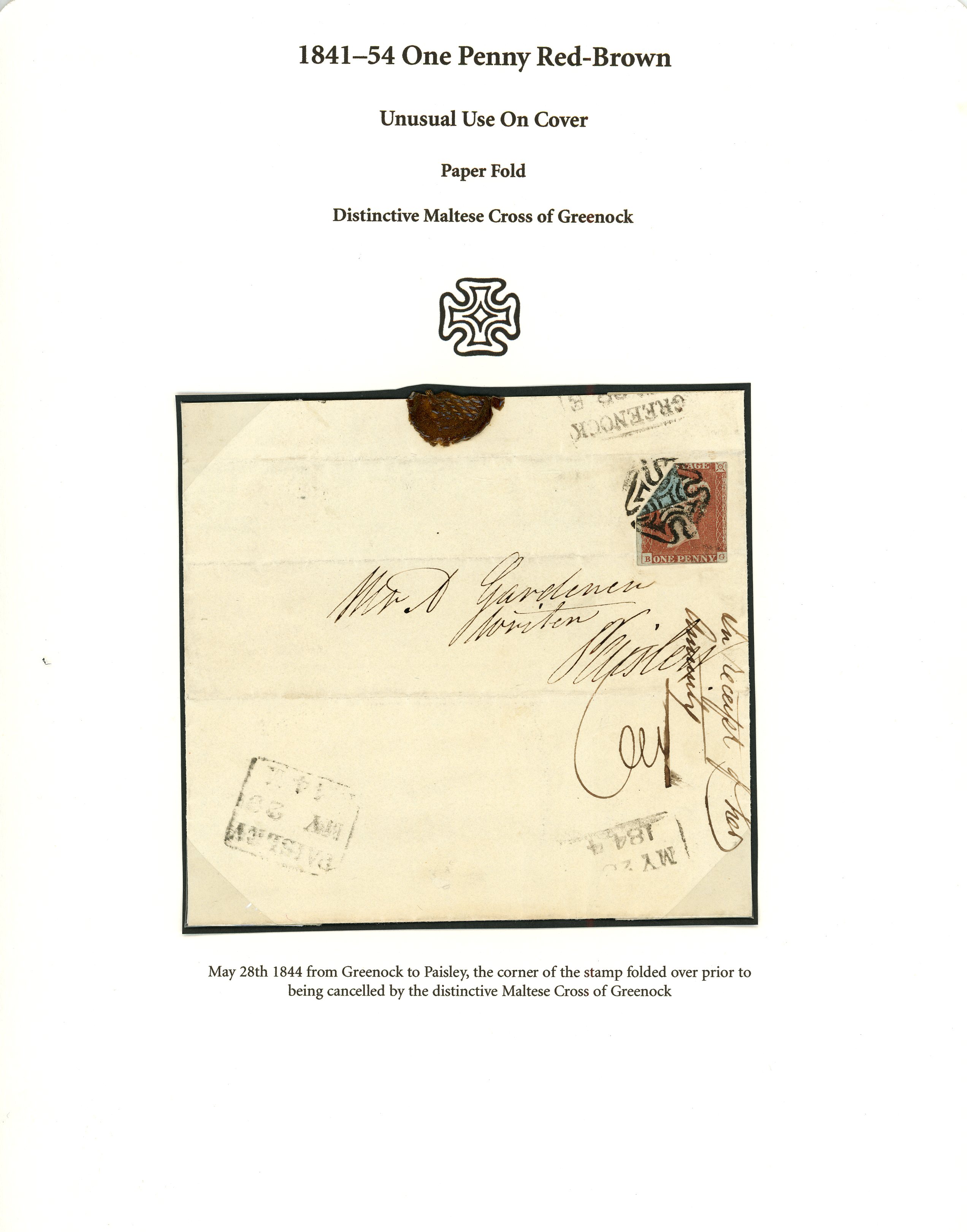 1844 (28th May) entire Greenock to Paisley bearing 1851 1d...