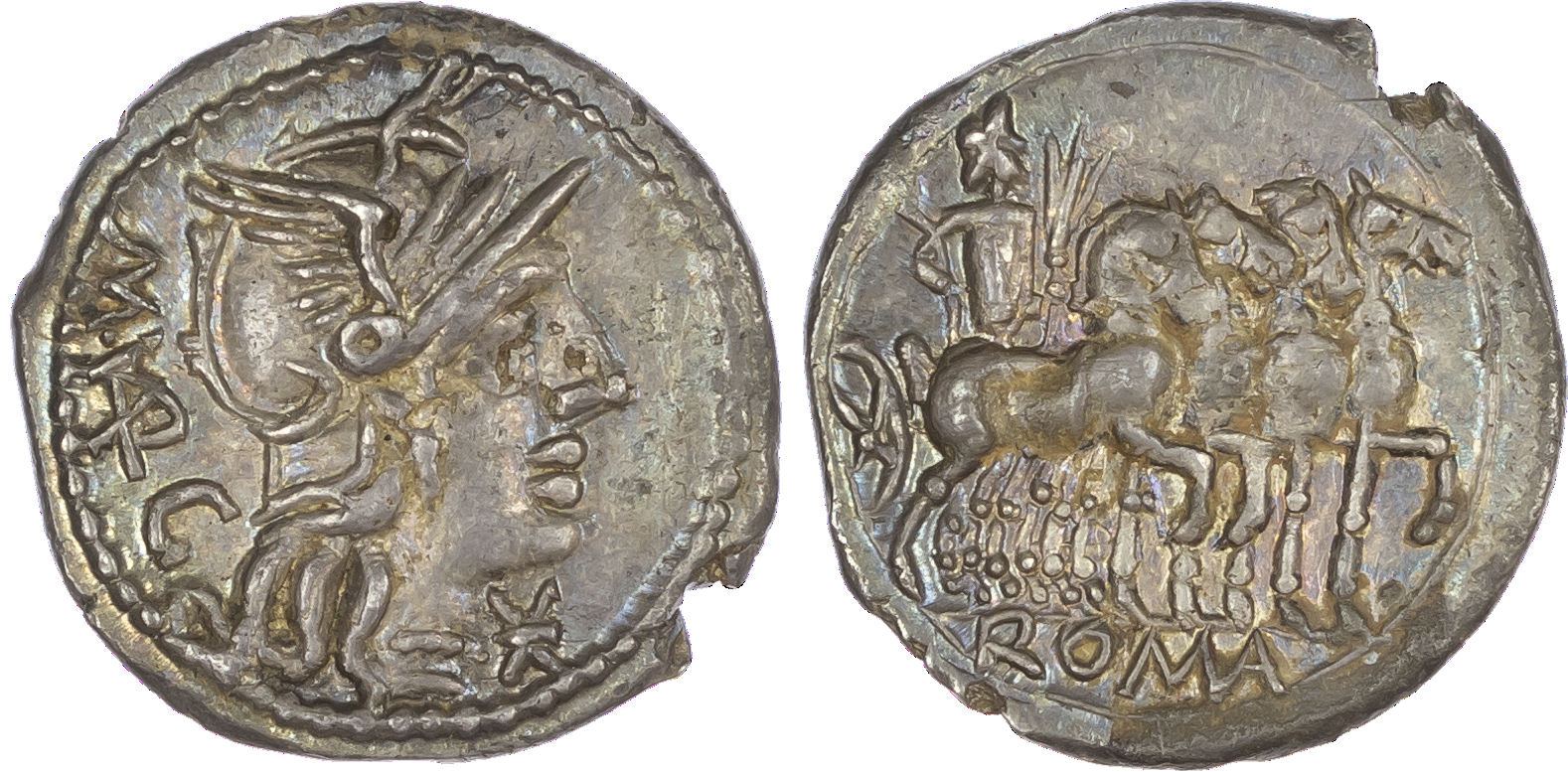 M. Vargunteius (130 BC) AR Denarius, Rome, 3.89g. MAR C, helmeted head of Roma facing right, mark of value to right. Rev.