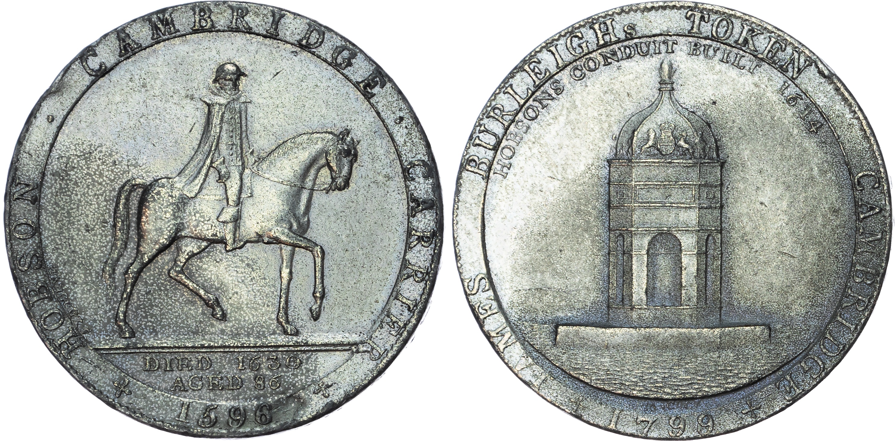 Cambs. Cambridge, James Burleigh (carrier and livery-stable keeper) white-metal Penny 1799, Thomas Hobson on h…