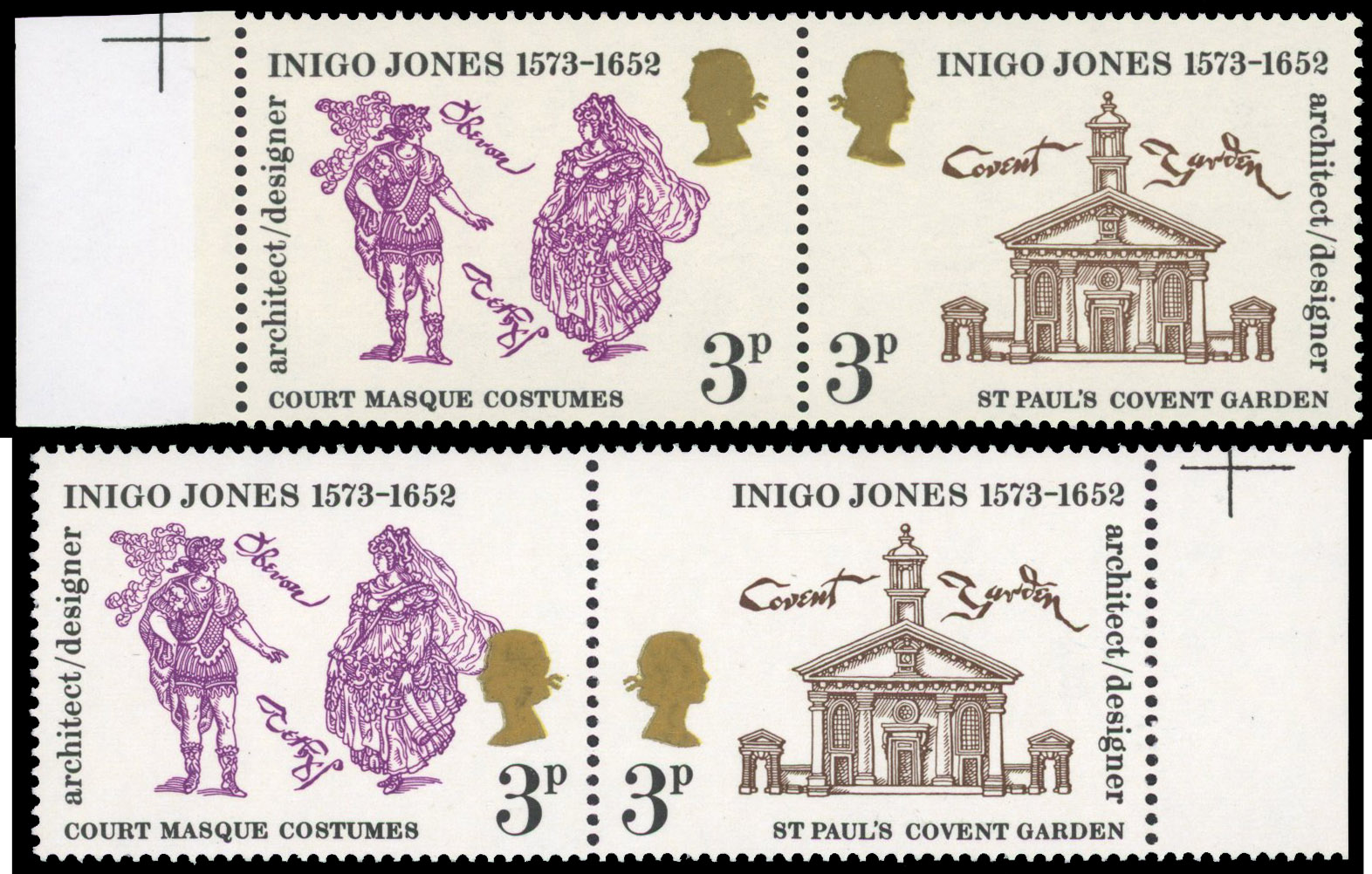 1973 Inigo Jones 3p, horizontal pair, variety ‘PHOSPHOR OMITTED’
