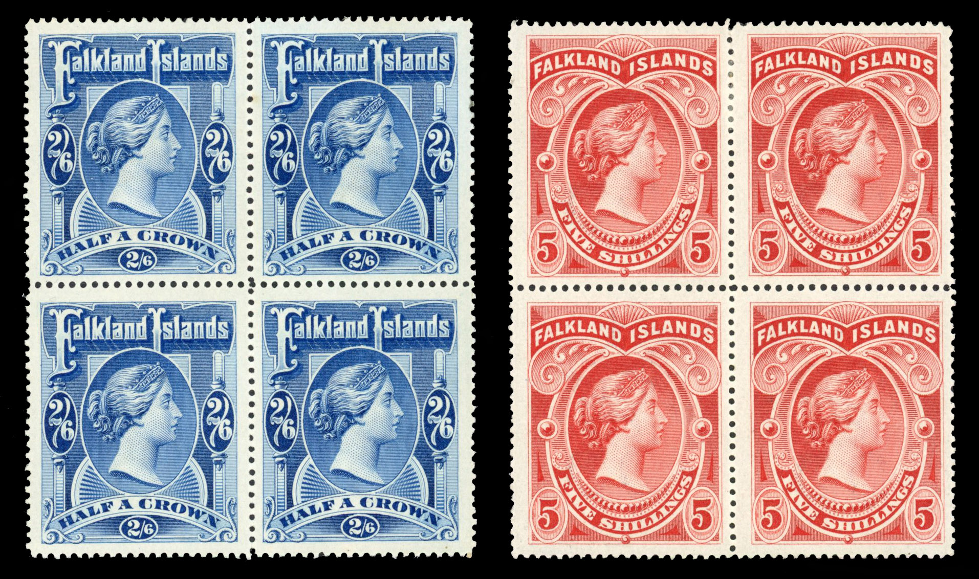 SG 41-2 1898 2/6d and 5/- blocks of four mint