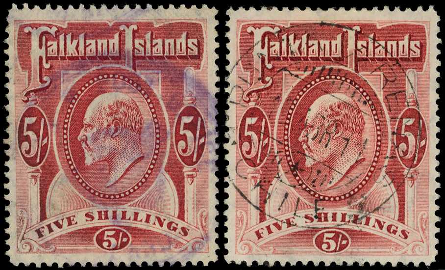 1904 5/- red, two used examples. One...