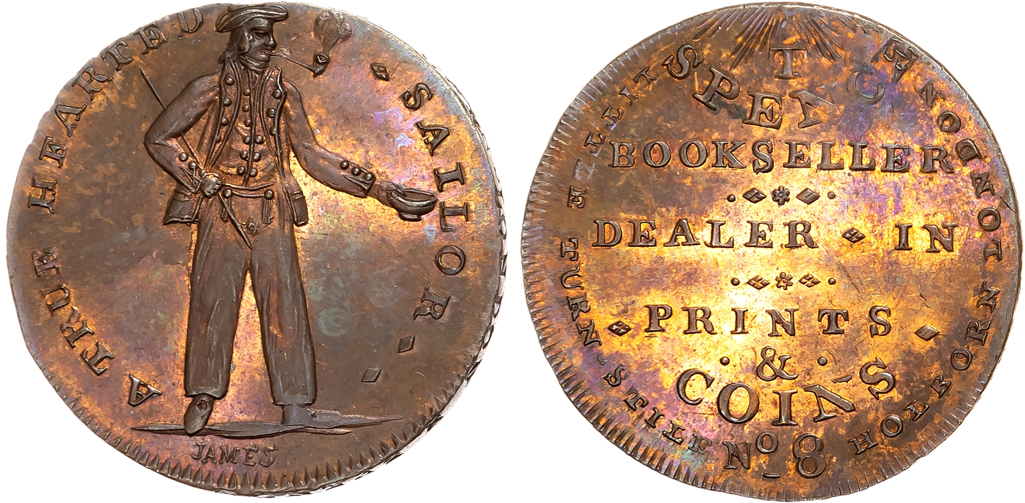 London, Holborn, Thomas Spence Halfpenny [late 1790s], 9-line advertisement, rev. A sailor standing holding out a beggin …