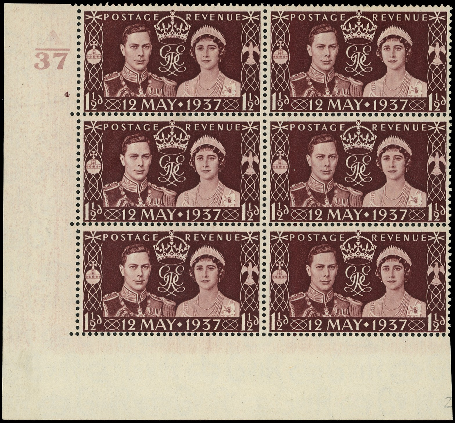 Great Britain 1937 Coronation 1½d maroon ray flaw corrected clyd 4 control A/37...
