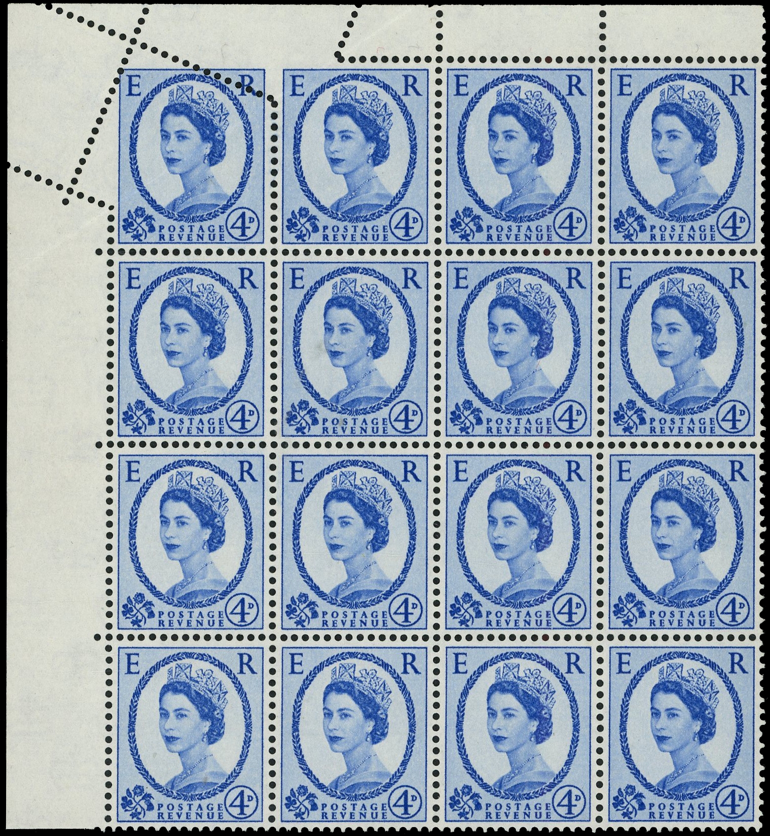 GB: 1958 4d ultramarine u/l corner marginal block of 16 (4x4) with pre-perforation paper fold 