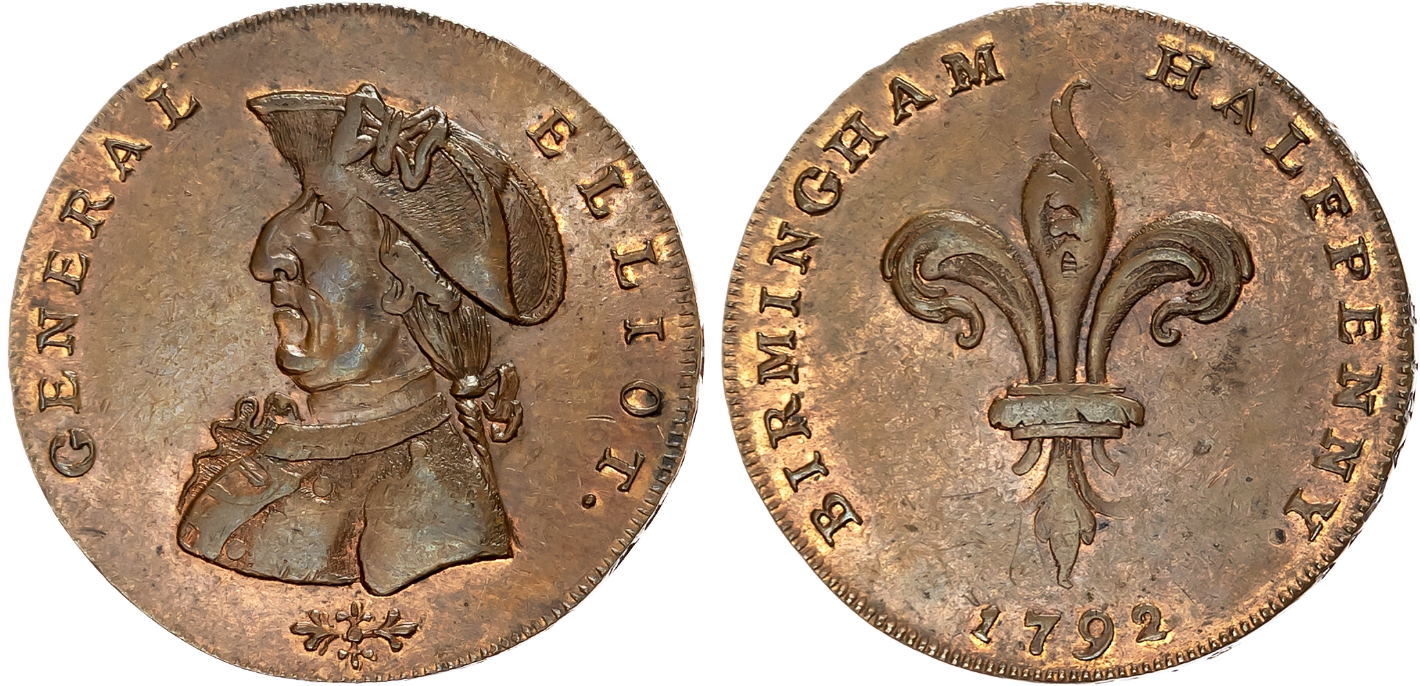Warks. Birmingham , Henry Biggs (publican of the General Elliot, Moor St.) Halfpenny 1792, bust of Elliot left, rev. Fle …
