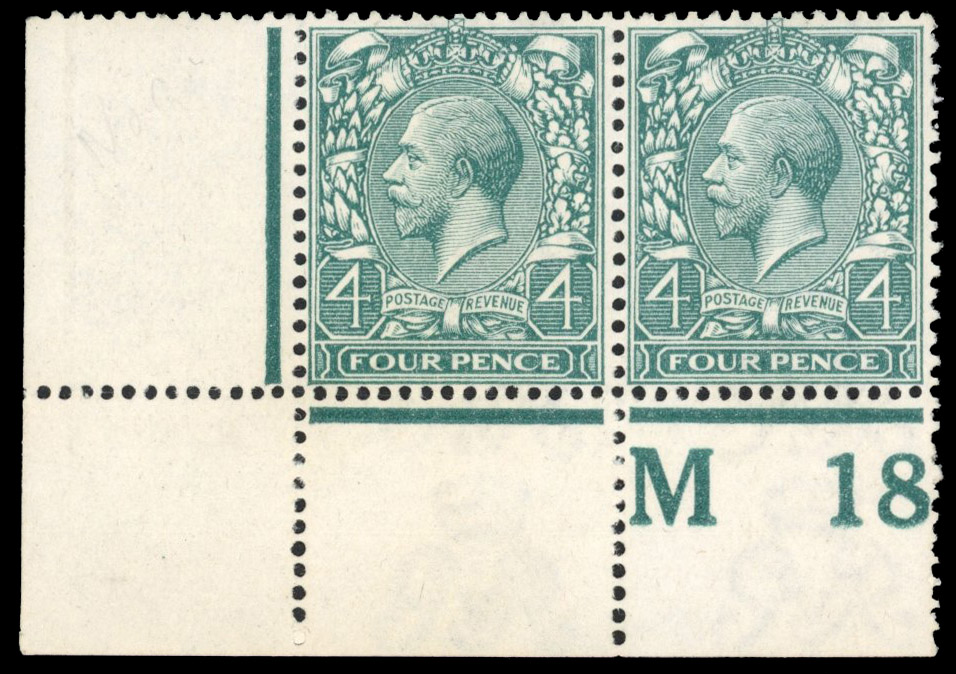 GB: 1912-24 4d pale bluish grey green, mint unmounted og. control M18 pair with variety ‘MISSING 'G’ IN WMK' on left stamp
