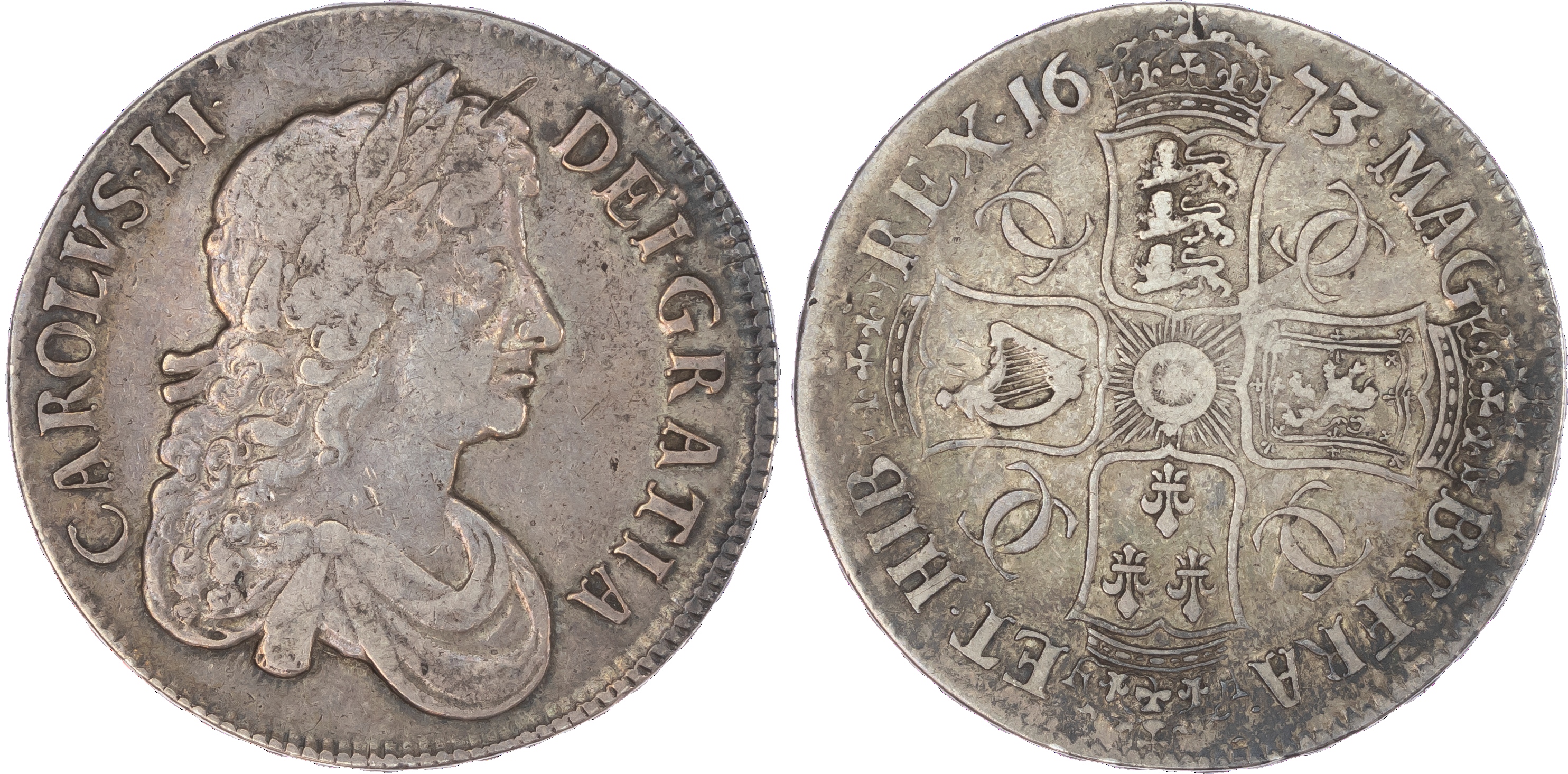 Charles II (1660-85), Crown, 1673, third laureate and draped bust right, reads CAROLVS II DEI GRATIA. Rev, crowned cruciform