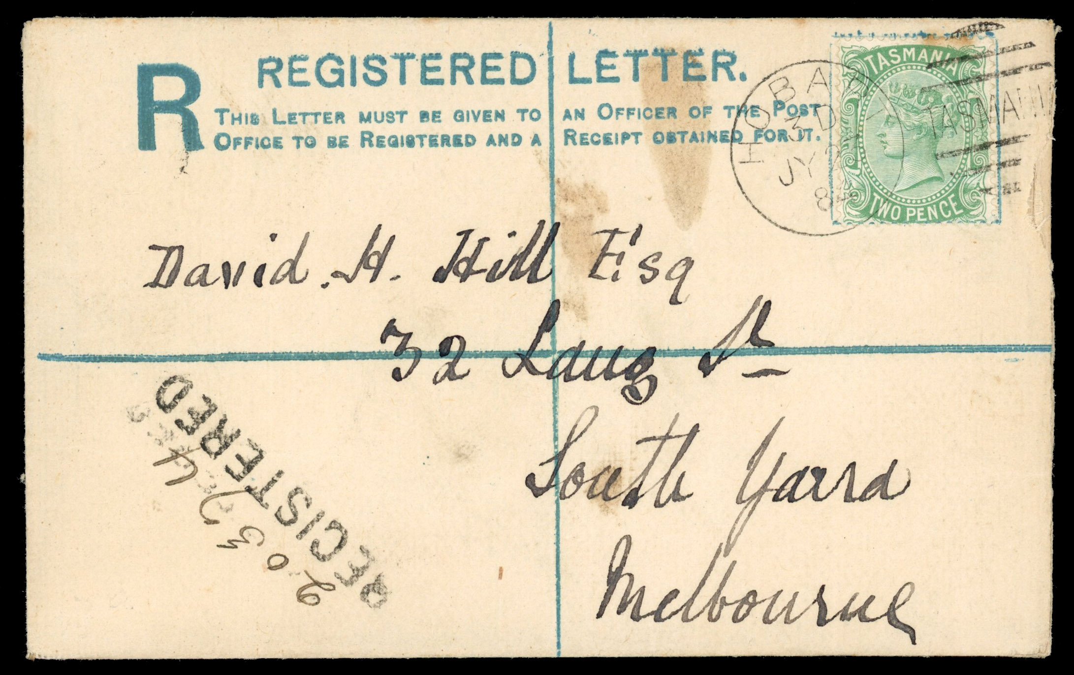 Tasmania 1884 4d registration cover (size F) to South Yarra, Melbourne uprated