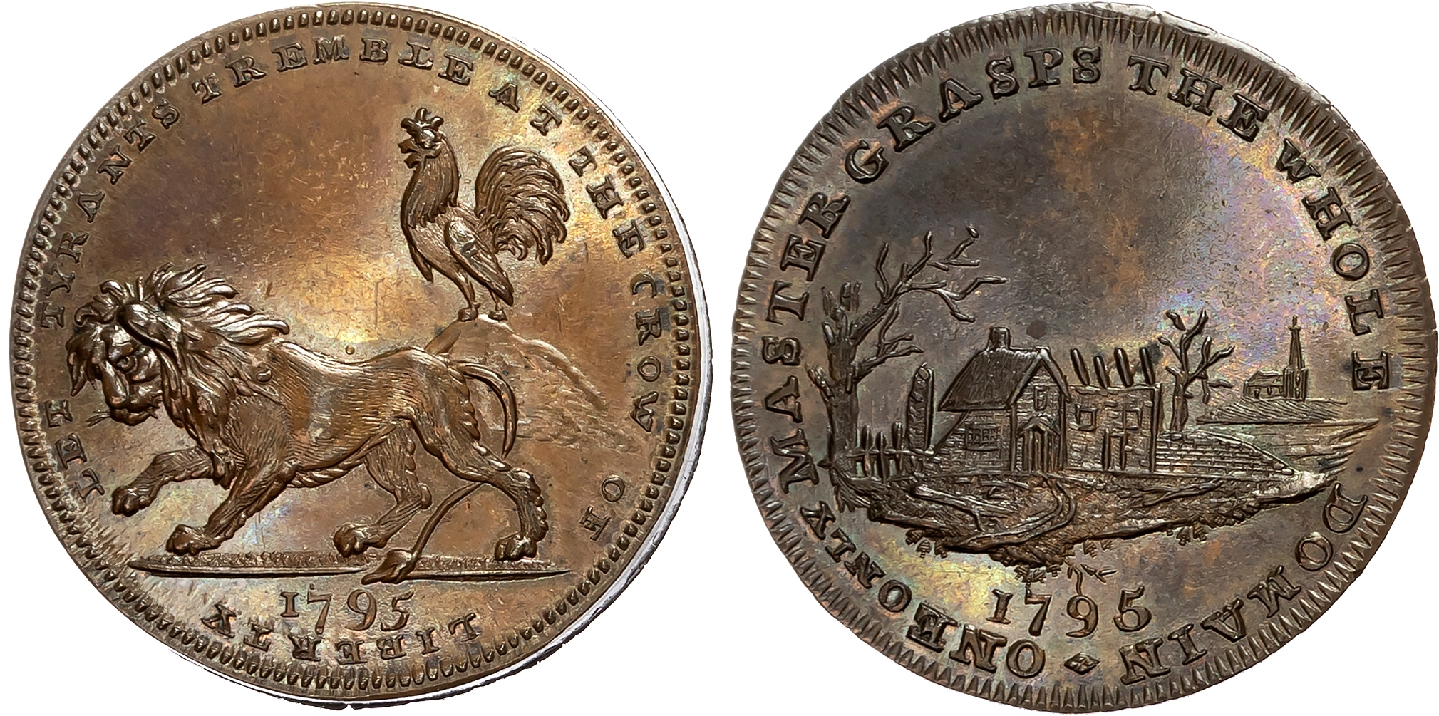 London, Holborn, Thomas Spence Halfpenny 1795, Deserted village with derelict houses, rev. Cock crowing over skulking li …