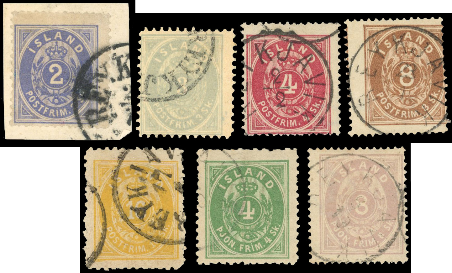 Iceland 1873 perf 14x13½ 2sk and 8sk plus perf 12½ 3sk, 4sk and 16sk used