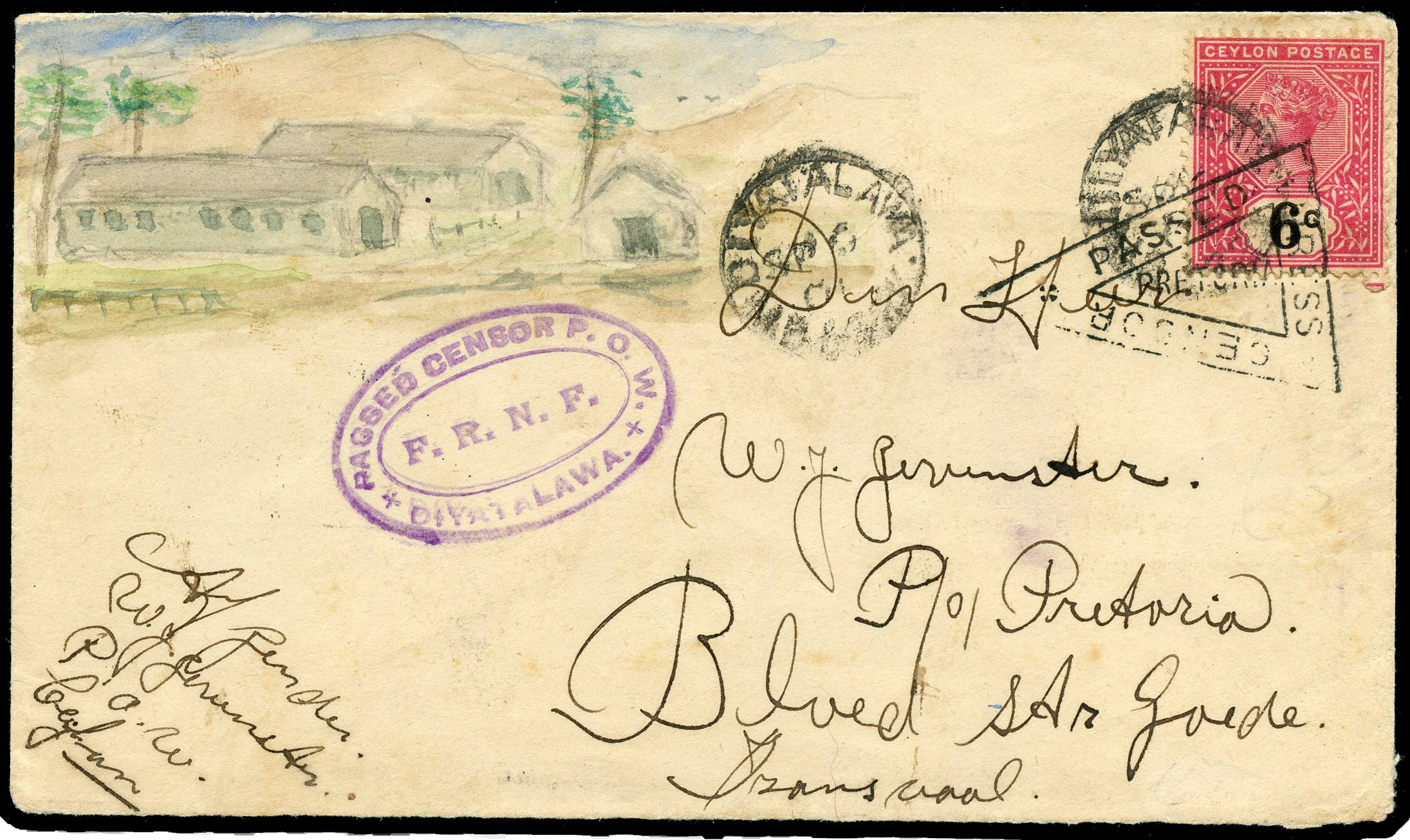 Ceylon hand-illustrated POW mail to Transvaal