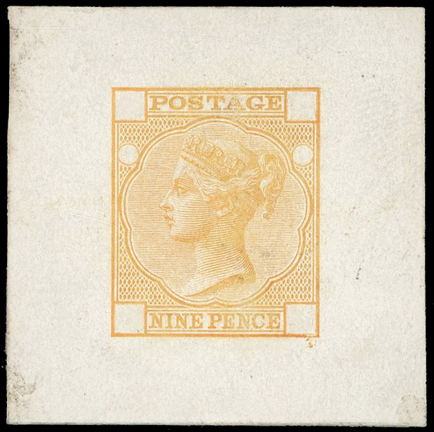 1873 9d Die proof. Very fine example printed in orange-yellow on white glazed card (38x38mm) with blank corner letters a…